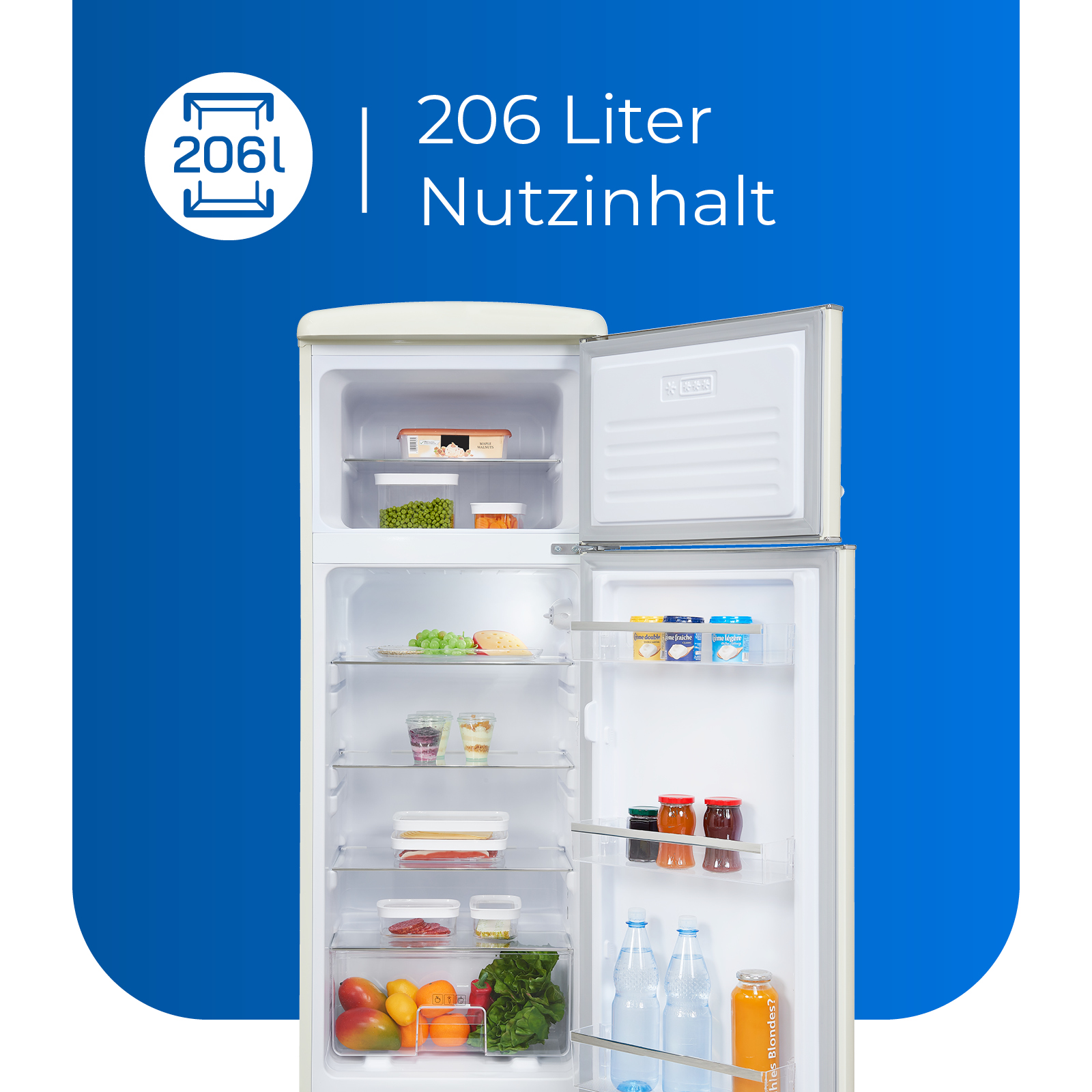 Refrigerador con puertas abiertas, mostrando el contenido. El texto dice '206 Liter Nutzinhalt' (206 litros de contenido útil).