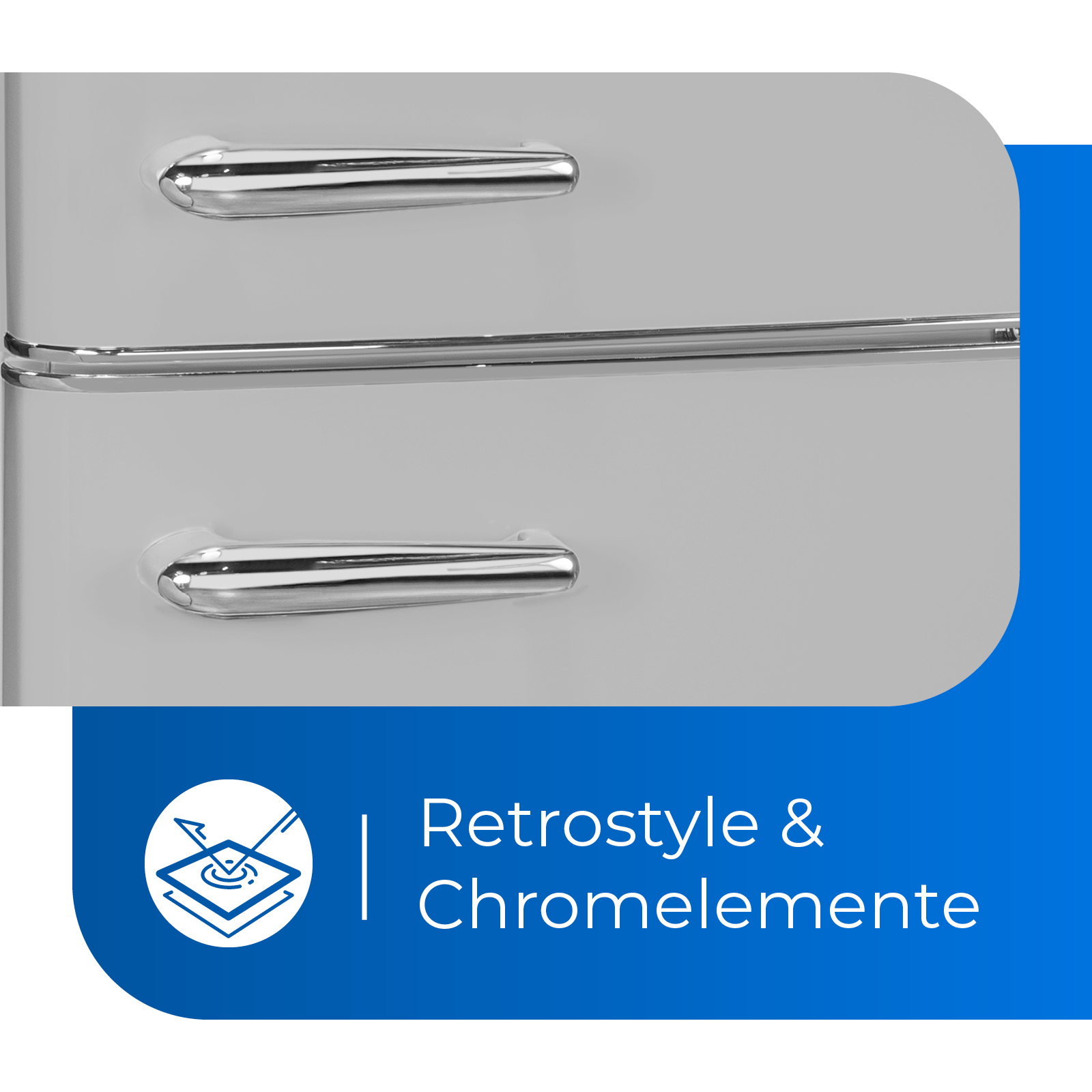 Primer plano de un refrigerador gris de estilo retro con manijas cromadas. Banner azul con texto.