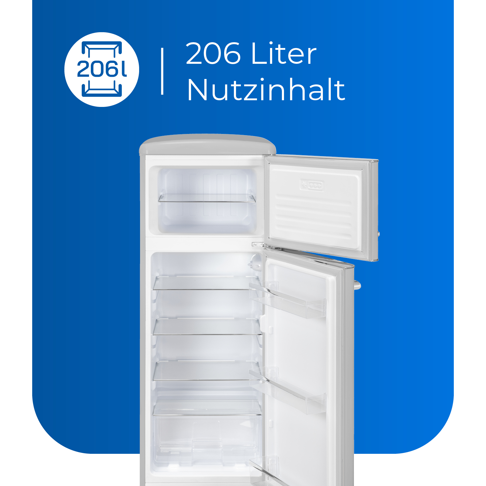 Un refrigerador con la puerta abierta, mostrando estantes y compartimentos. El texto dice '206 Litros'.
