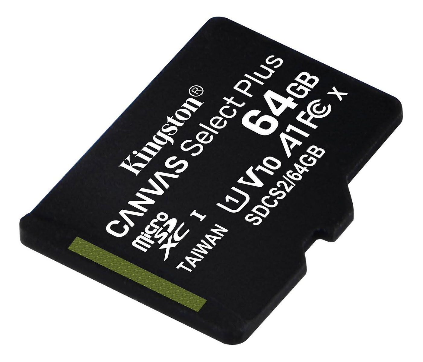 Tarjeta micro SD Kingston 64GB. Negra con texto blanco y raya verde.