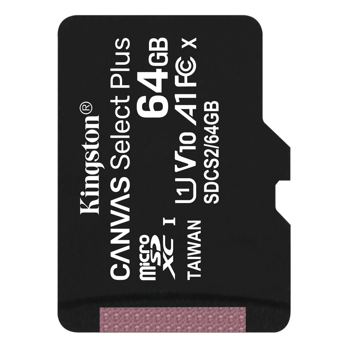Tarjeta microSD Kingston Canvas Select Plus de 64GB, negra con texto blanco. Detalles incluyen marca y especificaciones.