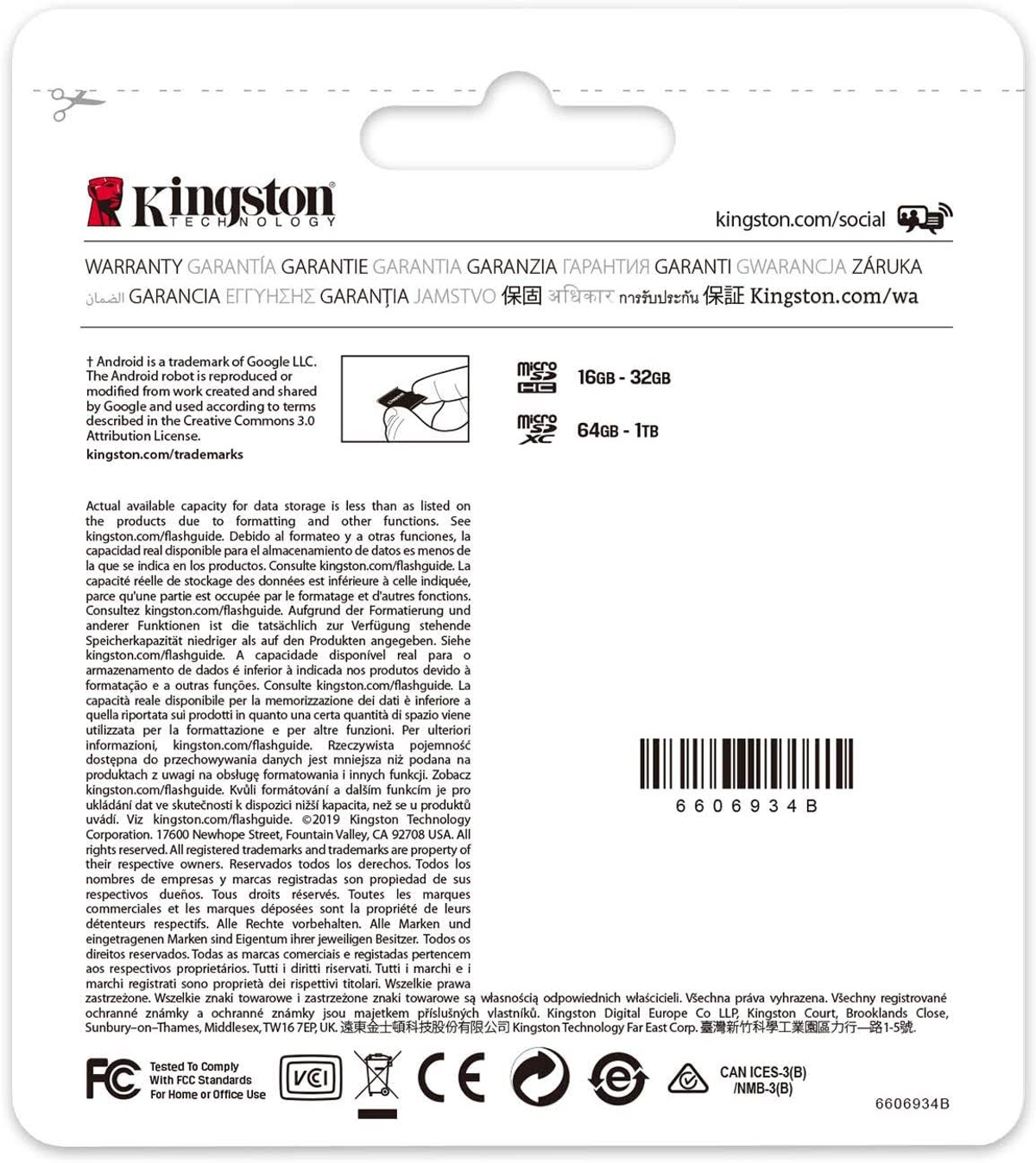 Embalaje de producto Kingston Technology, fondo blanco, con texto en varios idiomas y un código QR.