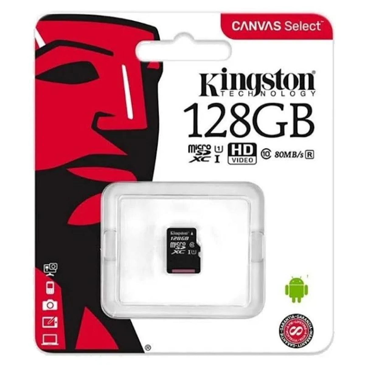 Scheda microSD Kingston da 128 GB nella confezione, con testo e grafica. Sfondo bianco.
