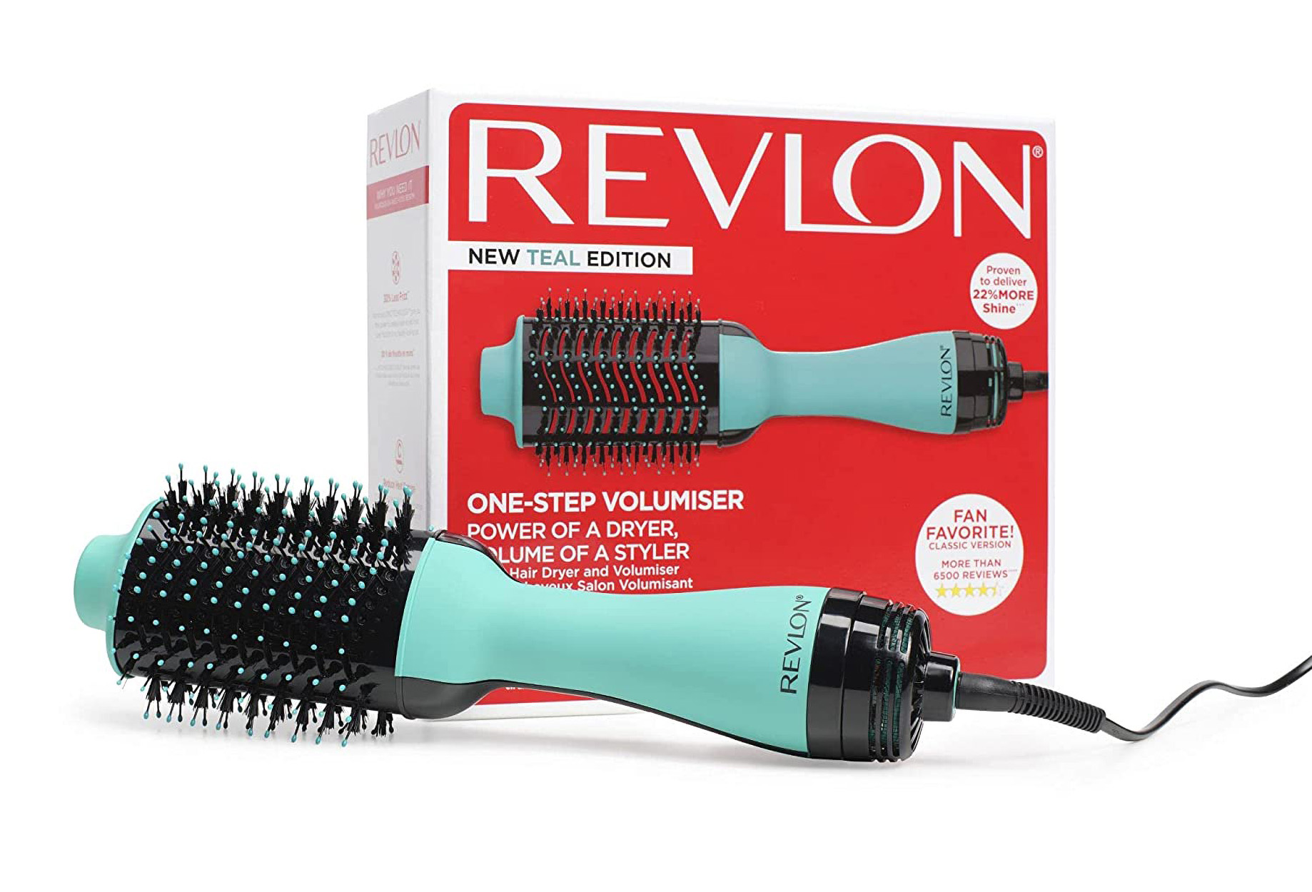 Revlon föhn en volumizer. Turquoise kleur. De doos toont het product en tekst.