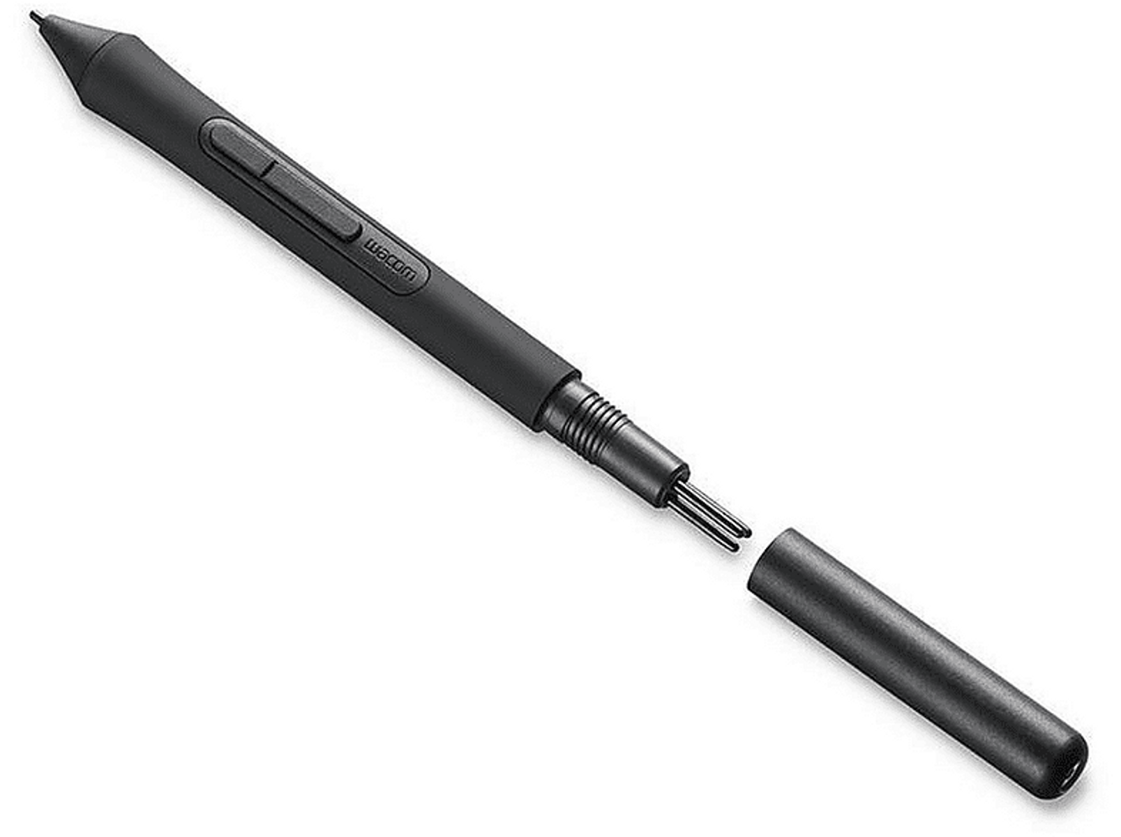 Czarny pisak Wacom z końcówkami i nasadką. Pisak jest zdemontowany, z odsłoniętymi końcówkami. Białe tło.