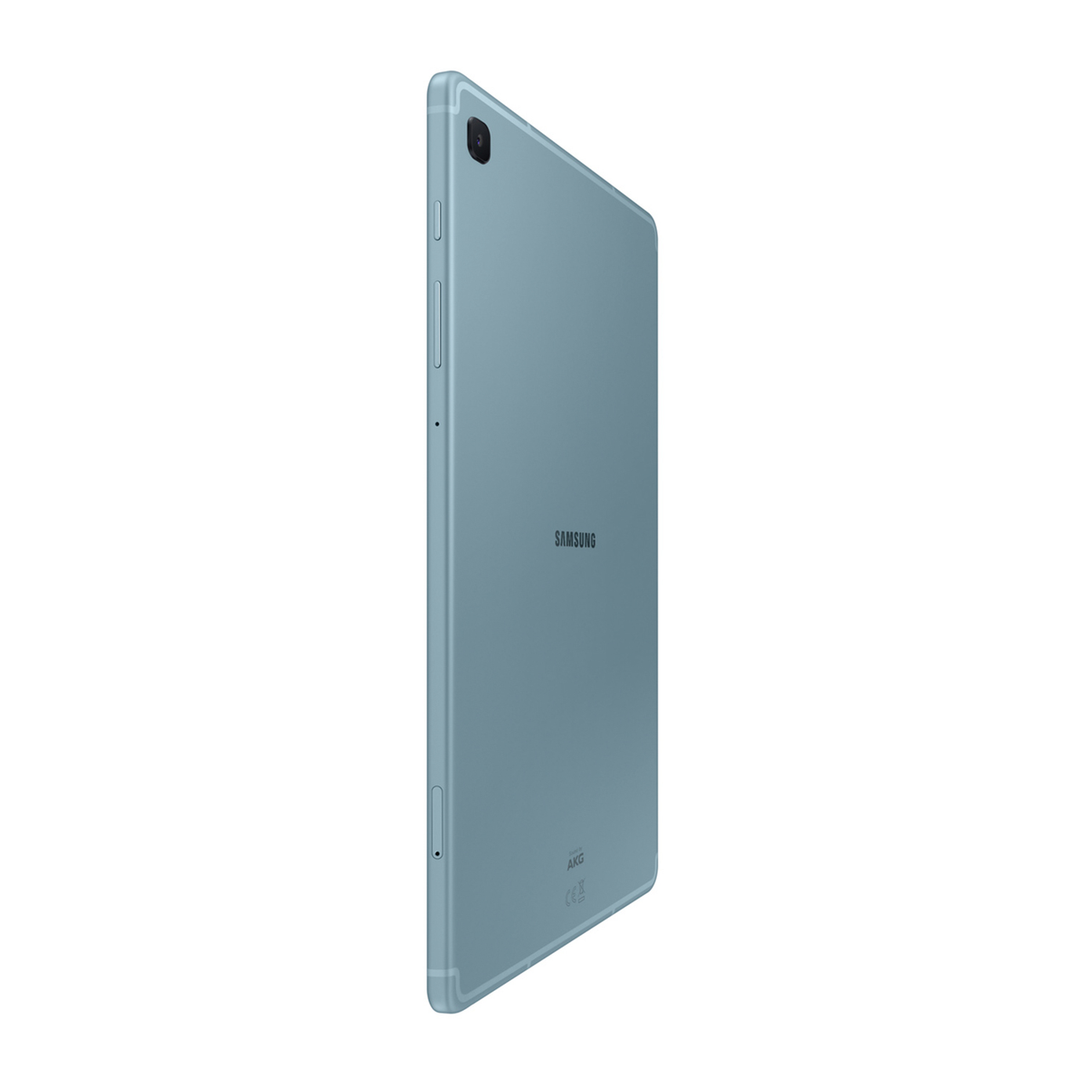 Una tableta azul claro se muestra de perfil, con la parte trasera mirando al espectador. El logotipo de Samsung es visible.