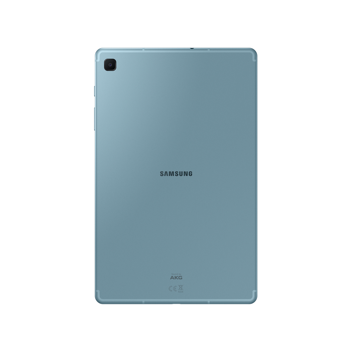 Una tableta Samsung azul claro con los logotipos de Samsung y AKG en la parte posterior.
