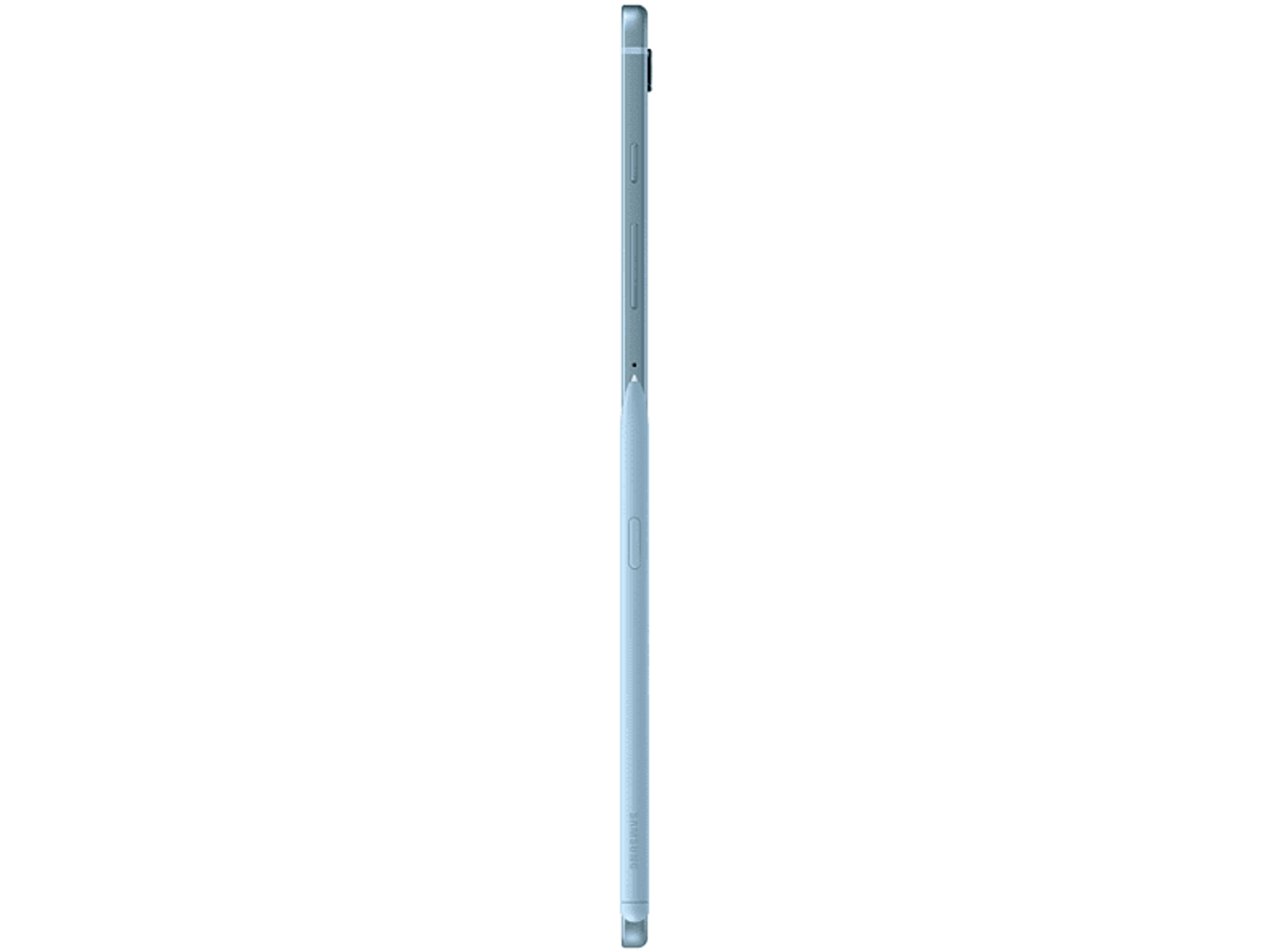 Un smartphone delgado, azul claro, de lado sobre un fondo negro.