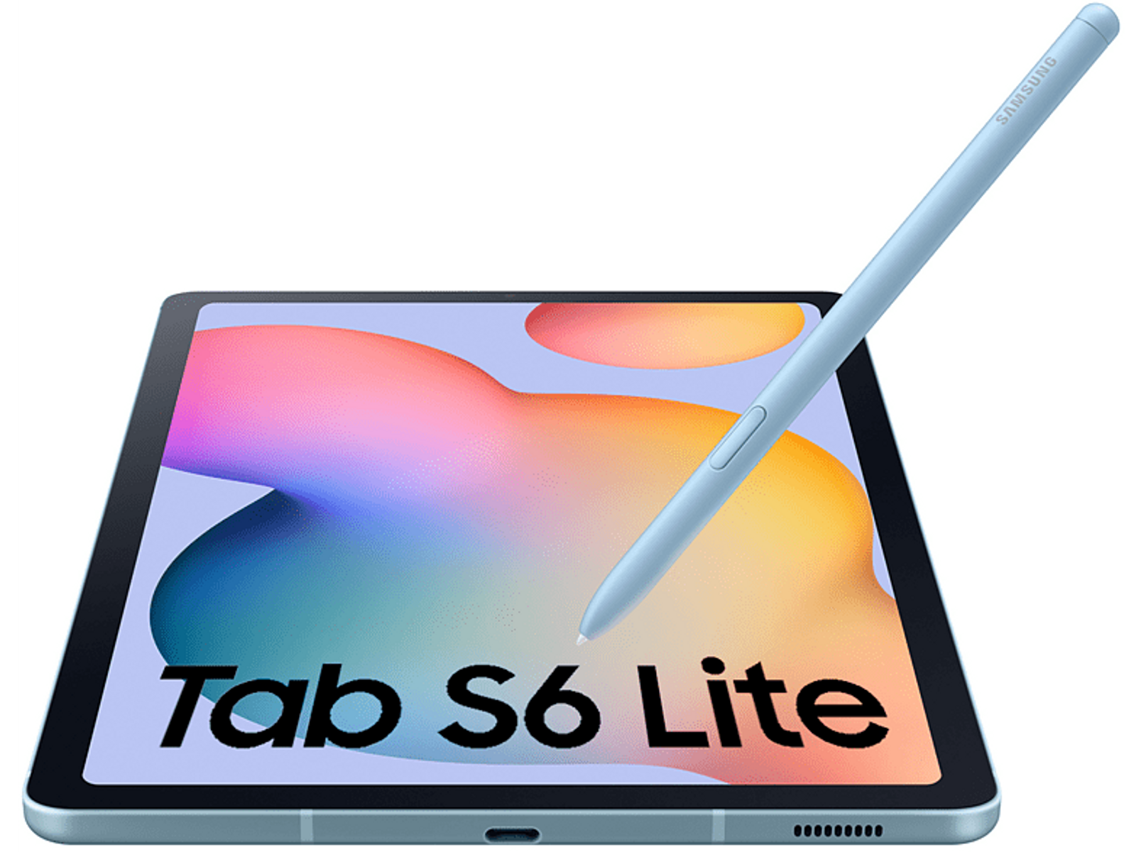 Tableta Samsung Tab S6 Lite con un lápiz azul claro. La tableta es azul claro con el texto Tab S6 Lite.