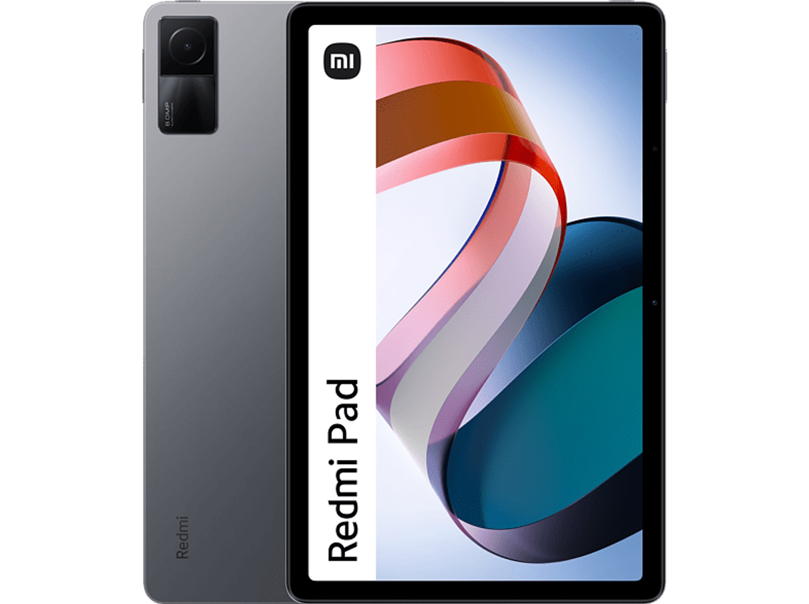 Tableta Redmi Pad gris sobre una superficie negra. La pantalla está encendida y muestra una imagen.