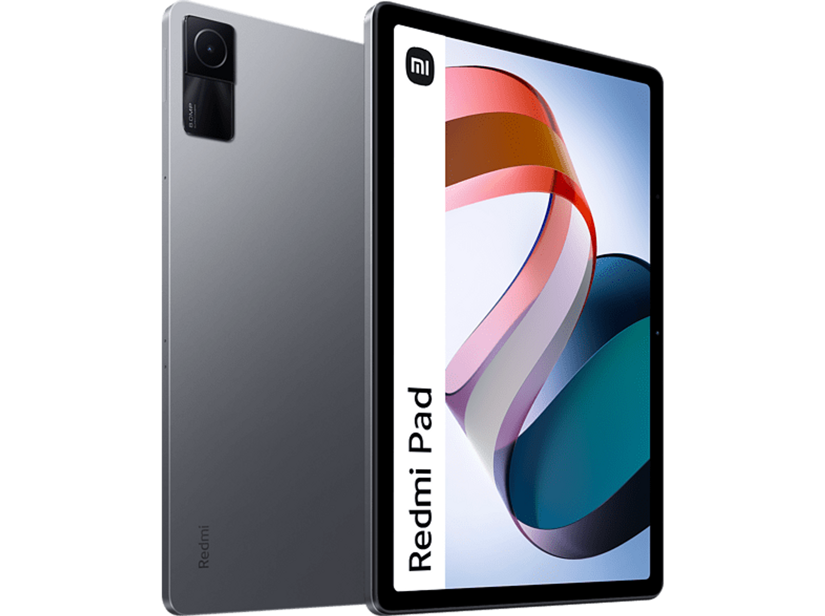 Una tableta Redmi Pad gris, dos vistas. Una muestra la pantalla con contenido, la otra la parte trasera.