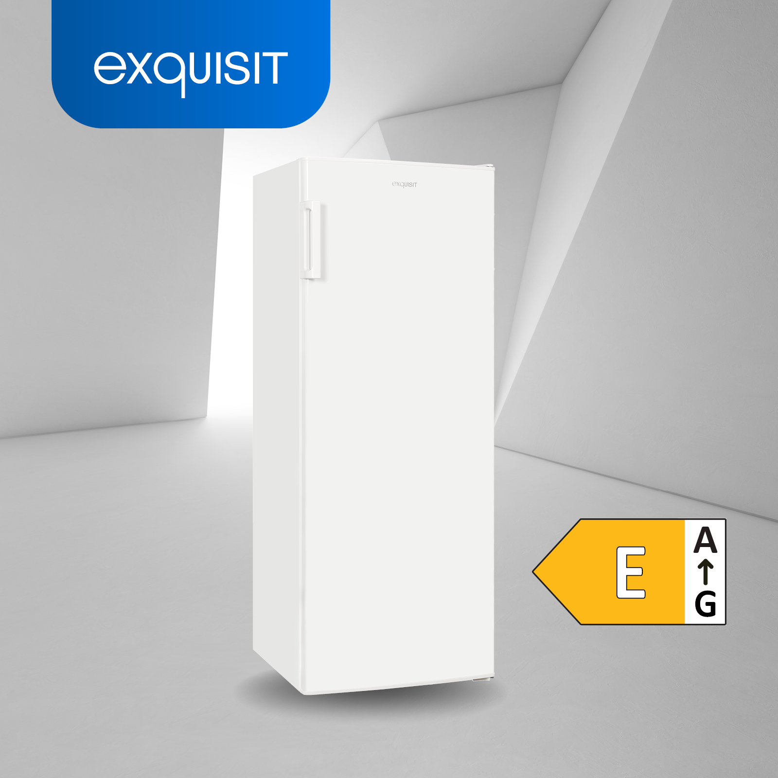 A white Exquisit refrigerator on a light grey background. Energy efficiency label is in the right.