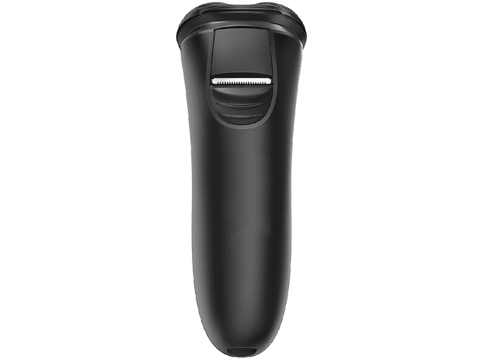 Czarna golarka elektryczna, widok z góry. Pokazuje ostrza tnące.