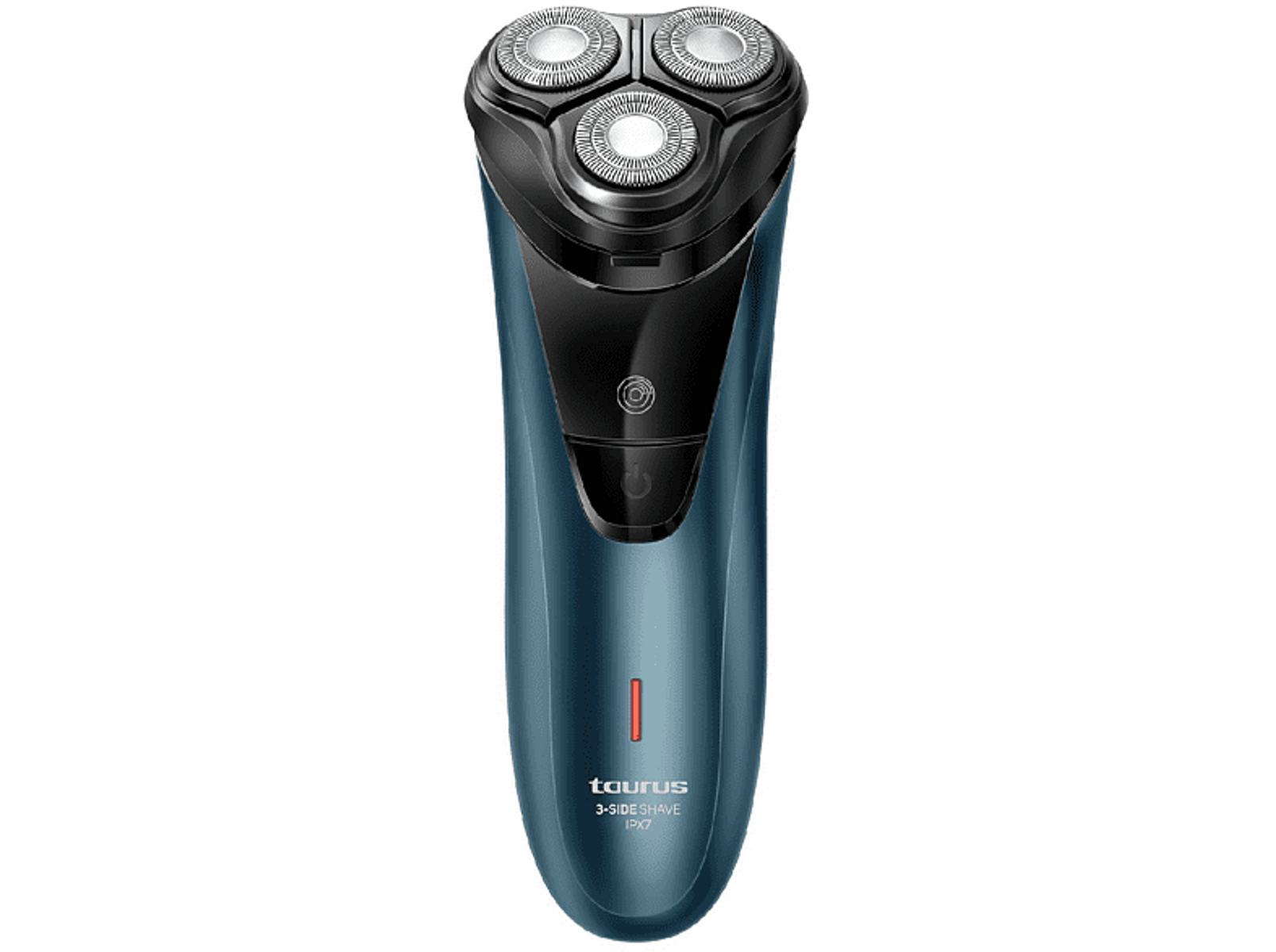 Niebieska golarka elektryczna z trzema obrotowymi głowicami, marki Taurus. Czerwone światło na dole.