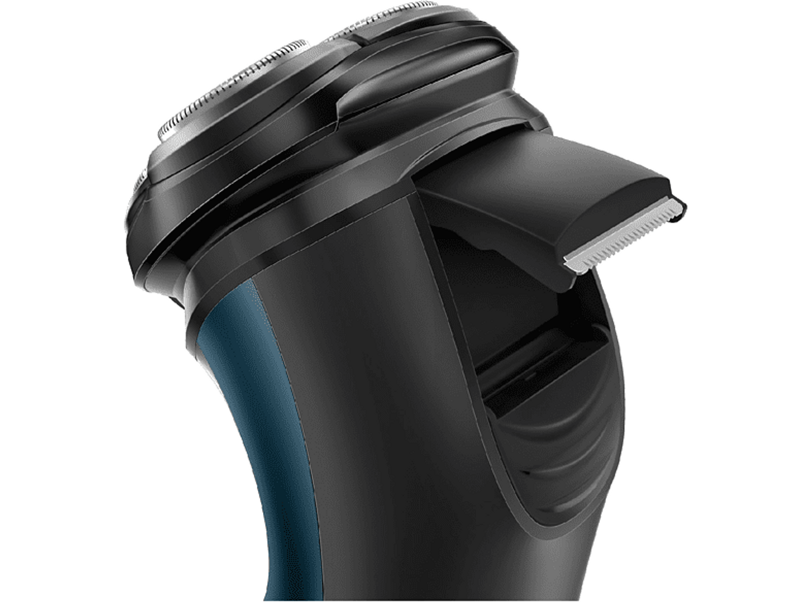 Zbliżenie głowicy golarki elektrycznej z ostrzami i niebiesko-czarnym uchwytem.