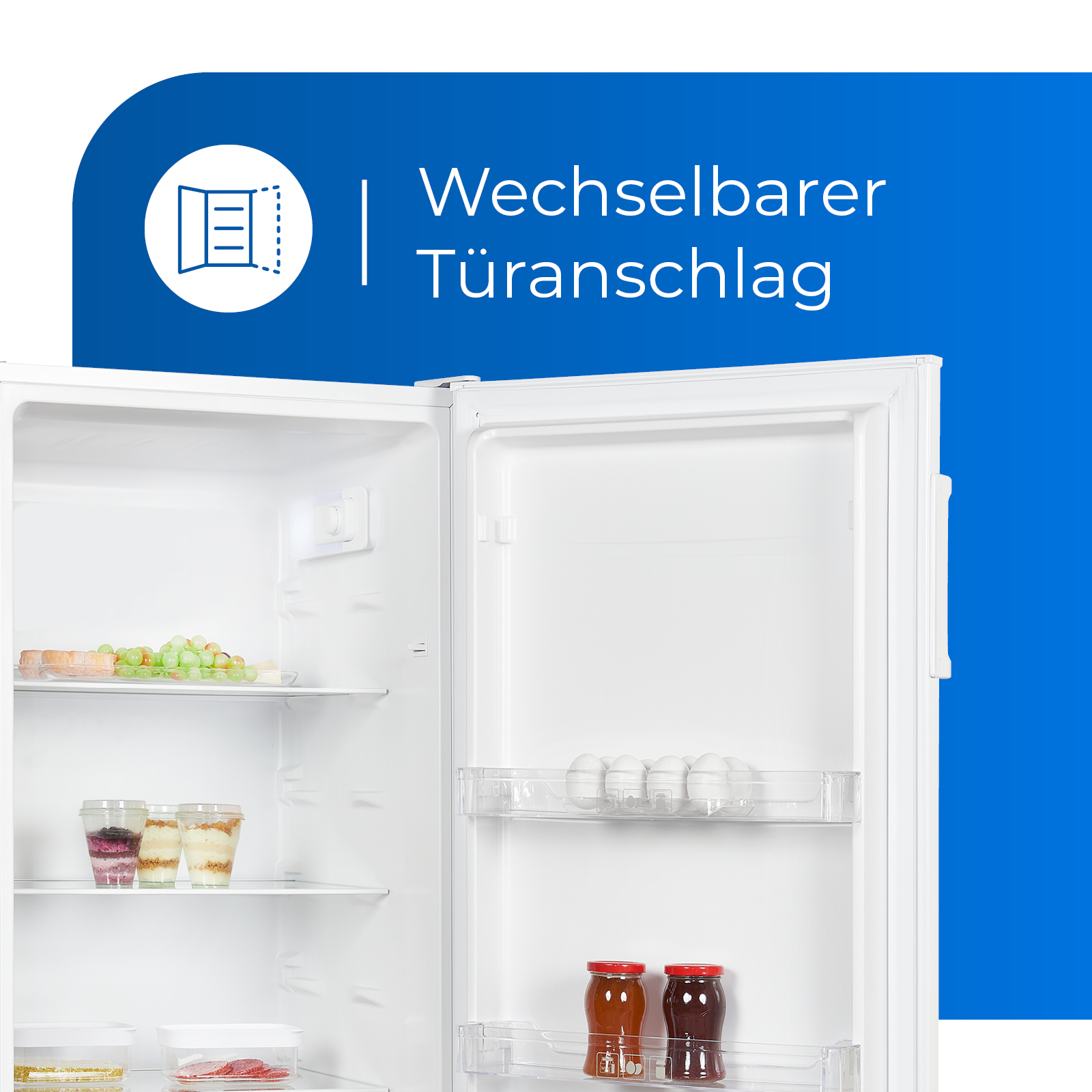 A white refrigerator with open doors, shelves with items, and text.
