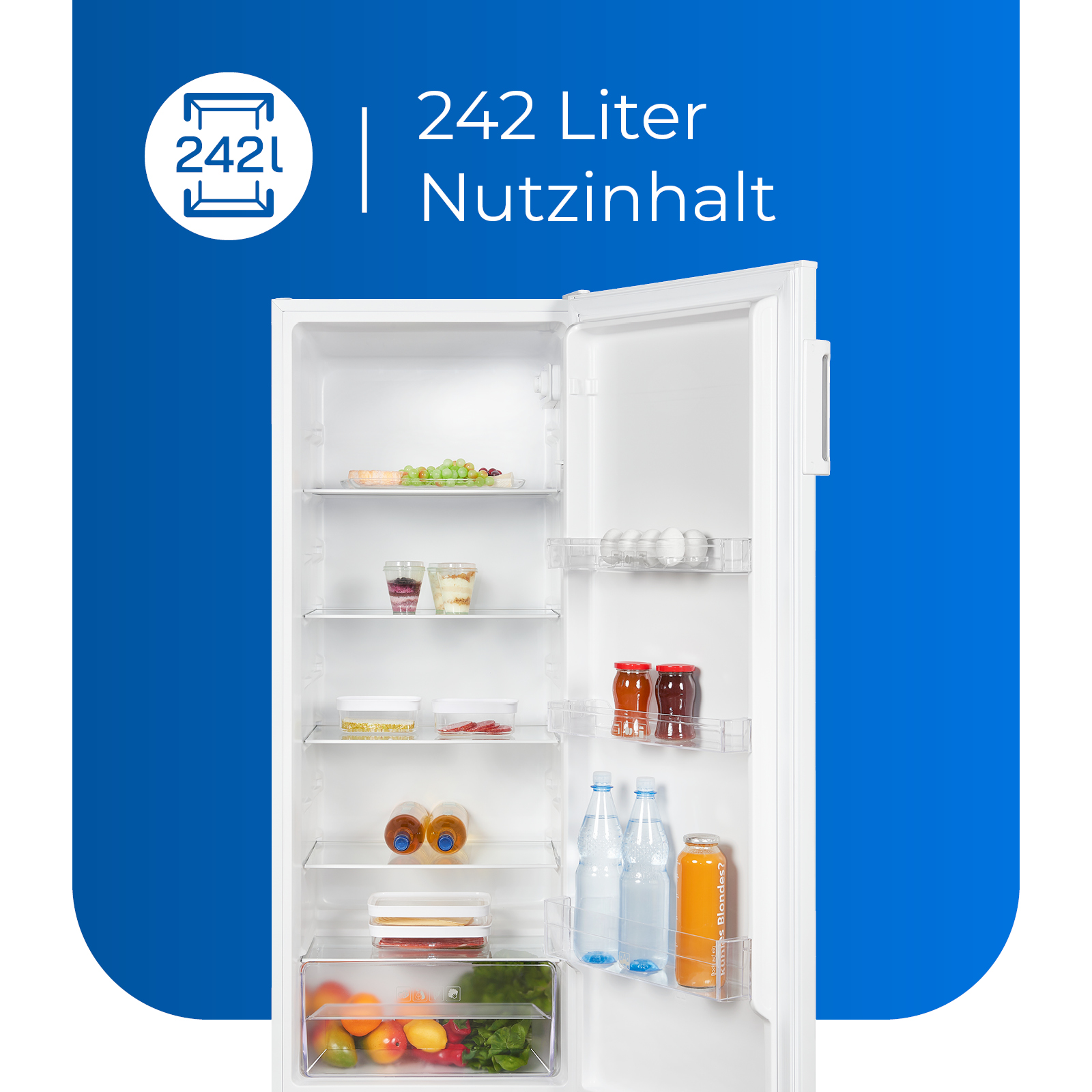 White refrigerator, door open, filled with food. Text: 242 Liter Nutzinhalt.