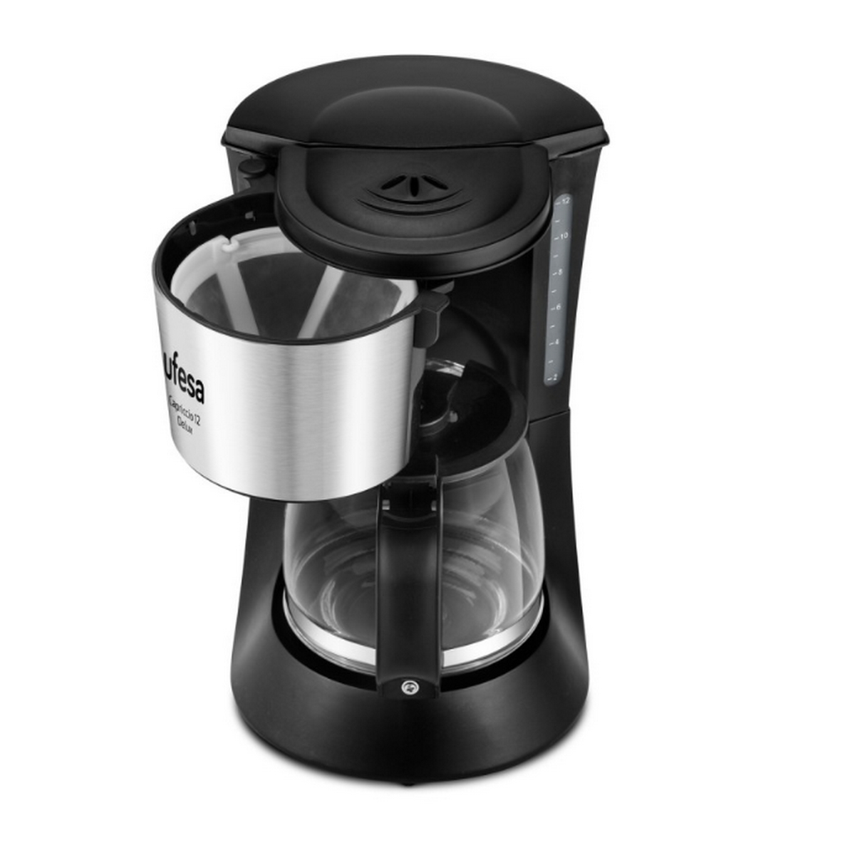 Czarny ekspres do kawy z otwartą pokrywą, pokazujący filtr i szklany dzbanek.