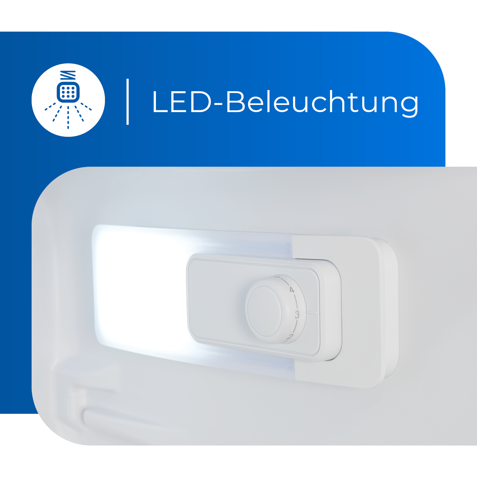 Close-up of a white refrigerator interior with an LED light and control knob.