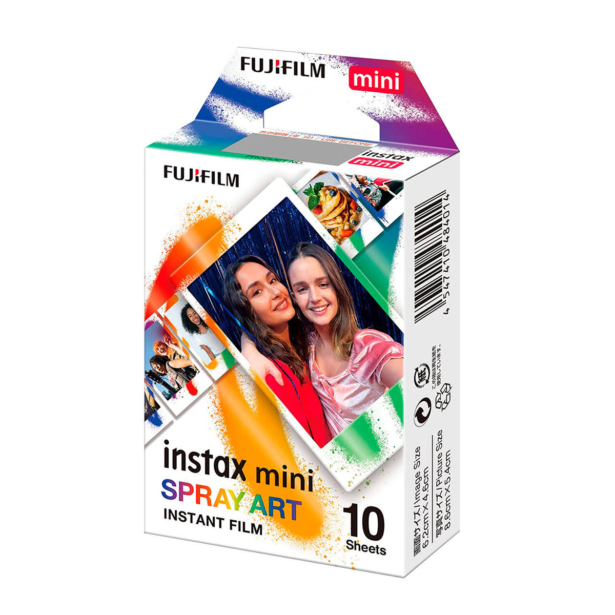 Fujifilm Instax Mini Spray Art Filmbox mit Fotos, weißer Hintergrund.