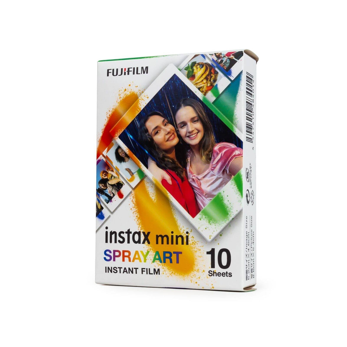 Schachtel mit Instax Mini Spray Art Sofortbildfilm mit bunten Bildern.