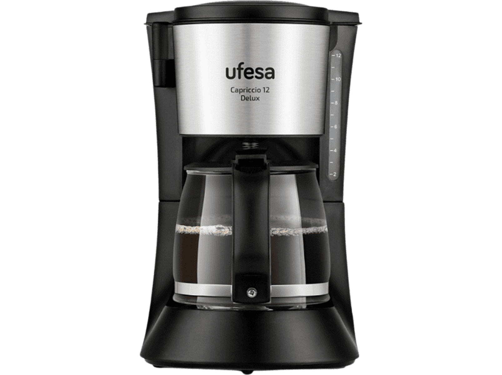 Czarno-srebrny ekspres do kawy Ufesa, szklany dzbanek, na czarnym tle.