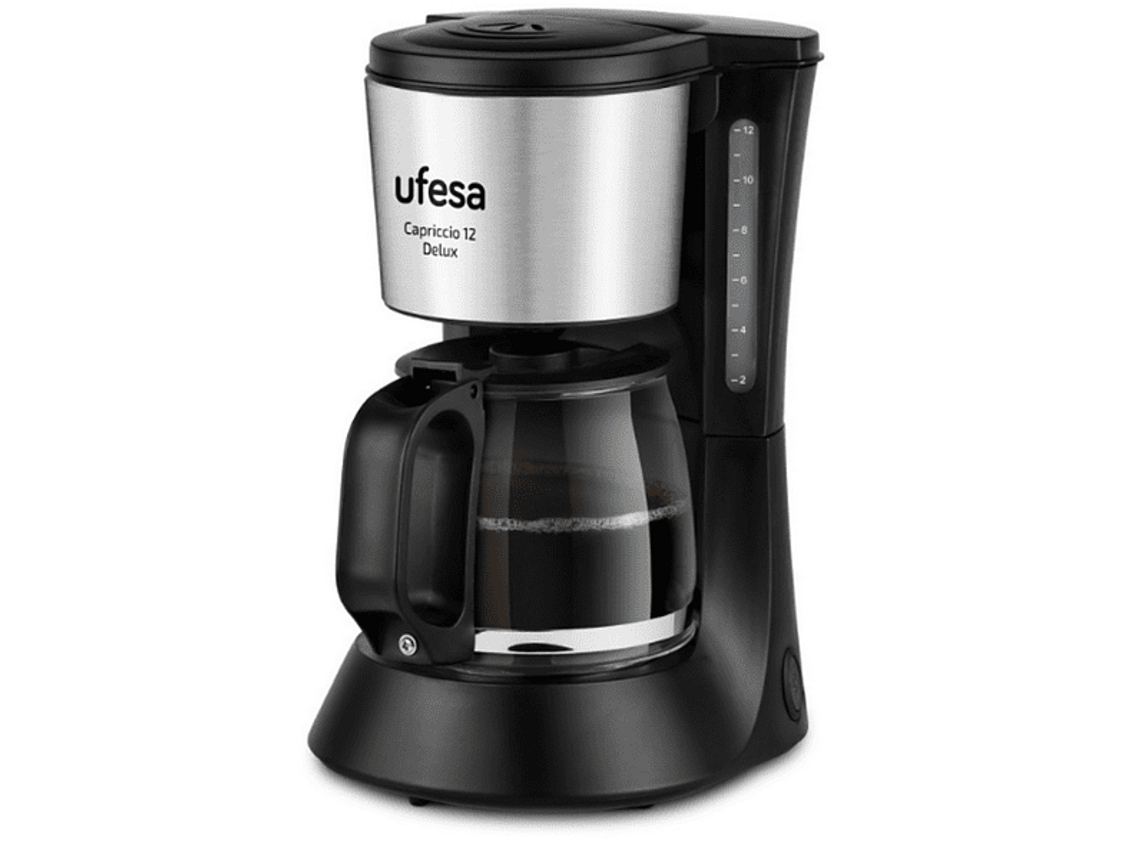 Czarny i srebrny ekspres do kawy Ufesa ze szklanym dzbankiem i czarną podstawą.