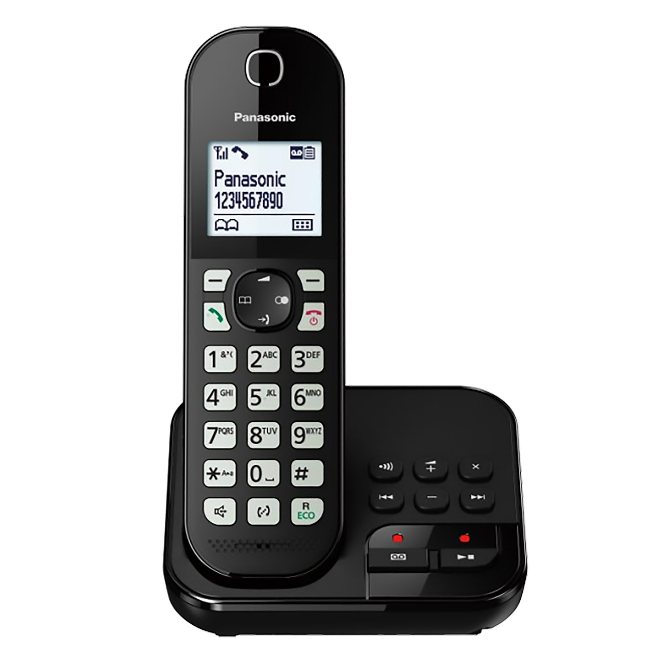 Un téléphone sans fil Panasonic noir avec une station de base, affichant un écran allumé avec des chiffres.