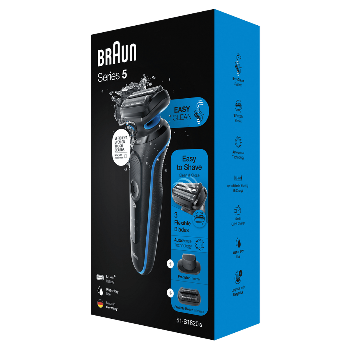 Zapakowana golarka Braun Series 5, szczegóły na niebieskim opakowaniu. Czarne tło.