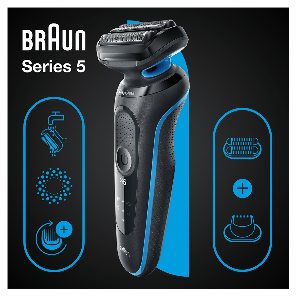 Golarka elektryczna, czarno-niebieska. Ikony i tekst wokół golarki. Czarno-niebieskie tło.