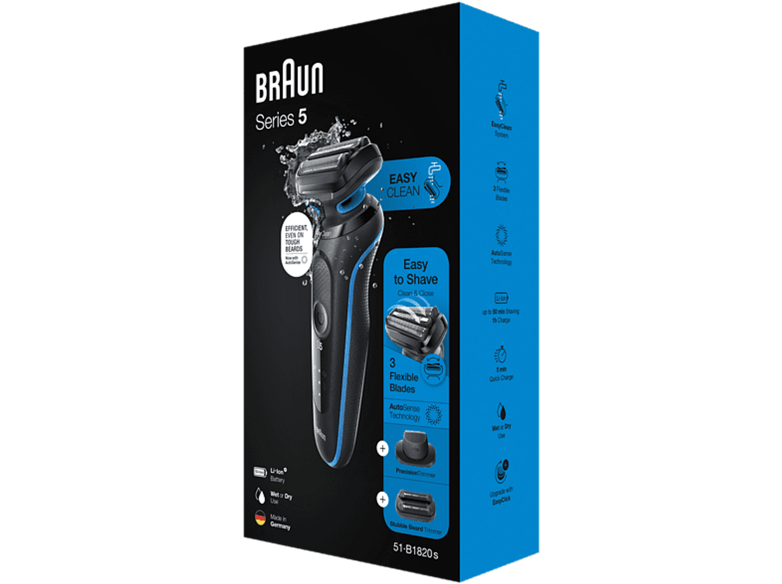 Pudełko golarki elektrycznej Braun Series 5 ze zdjęciem golarki. Kolory niebieski i czarny.