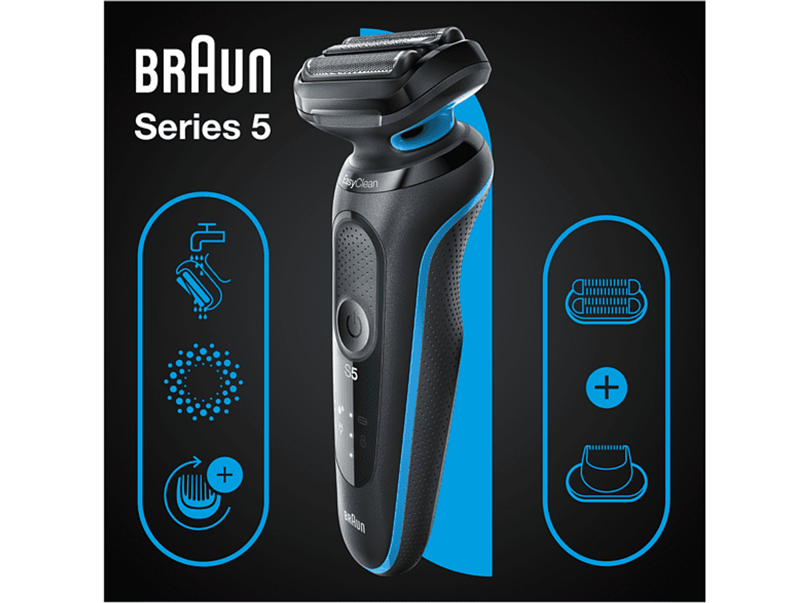Czarna i niebieska golarka elektryczna Braun Series 5 ze schematami i ilustracjami.