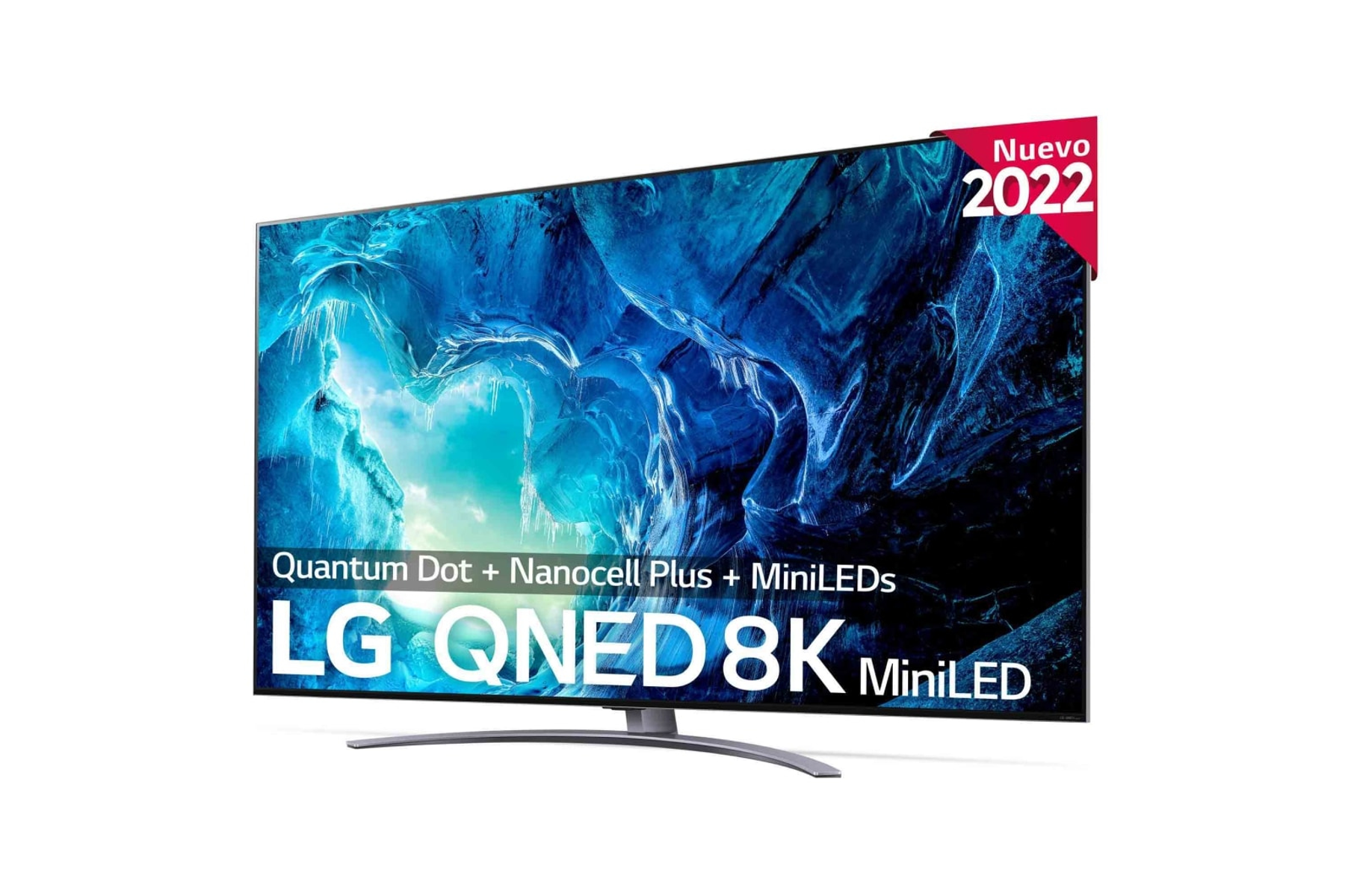 Gran televisor en ángulo, mostrando una cueva azul escénica. El televisor tiene una etiqueta de 2022 y texto 'LG QNED 8K'.