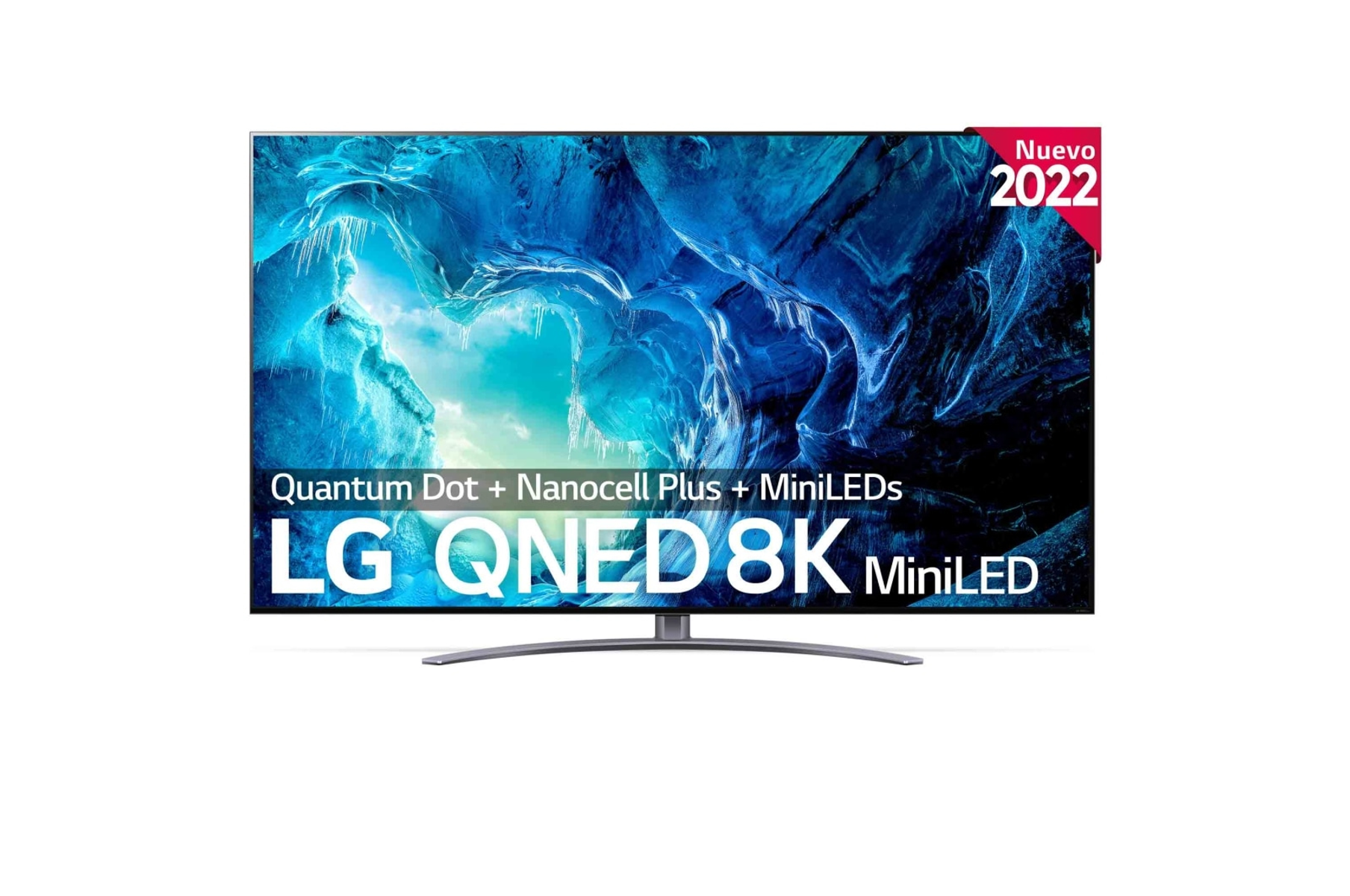 TV LG QNED 8K MiniLED, sobre un soporte, mostrando una escena de cueva azul.