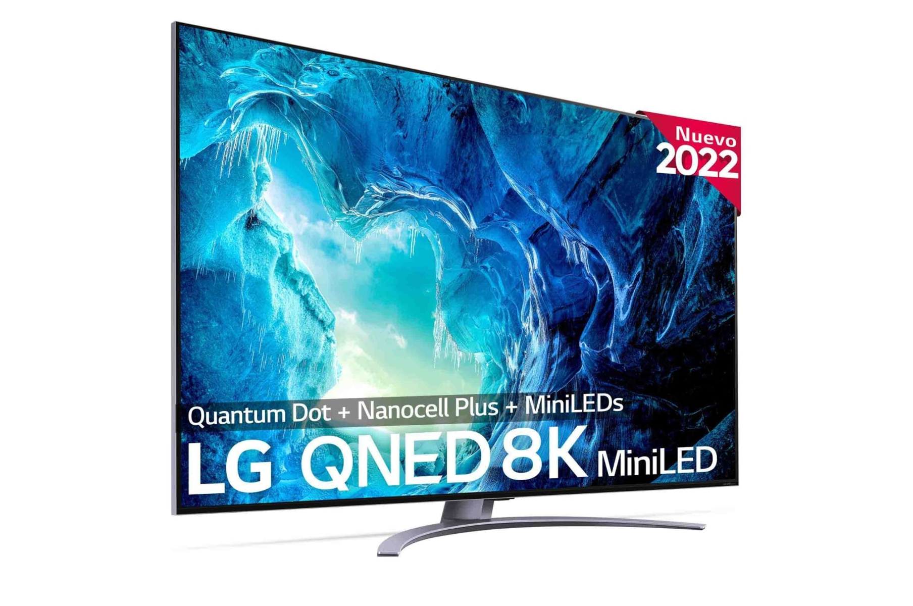 TV LG QNED 8K MiniLED, vista en ángulo. Muestra una escena azul y blanca, cavernosa en la pantalla. Etiqueta roja 'Nuevo 2022'.