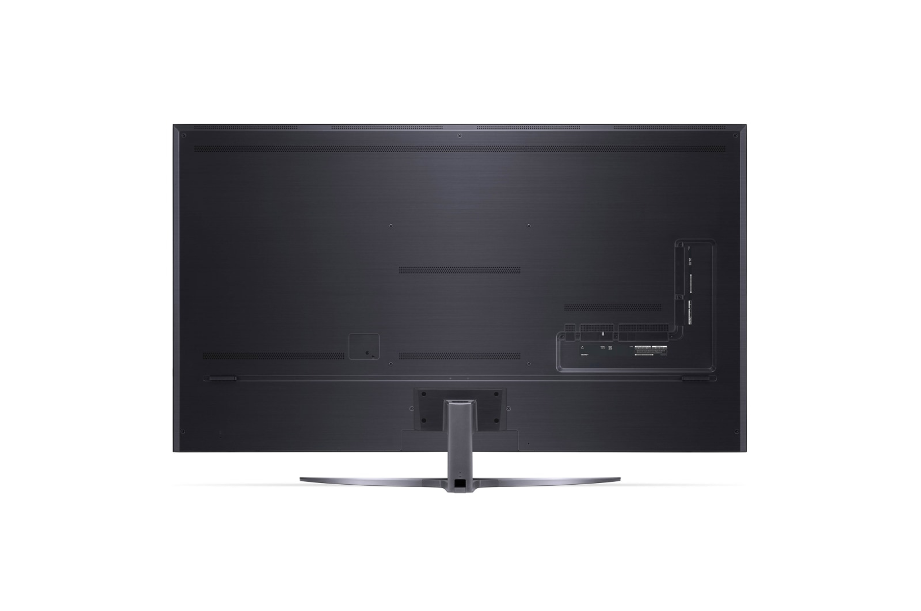 Parte trasera de un televisor LG grande con puertos y soporte, aislado sobre blanco.