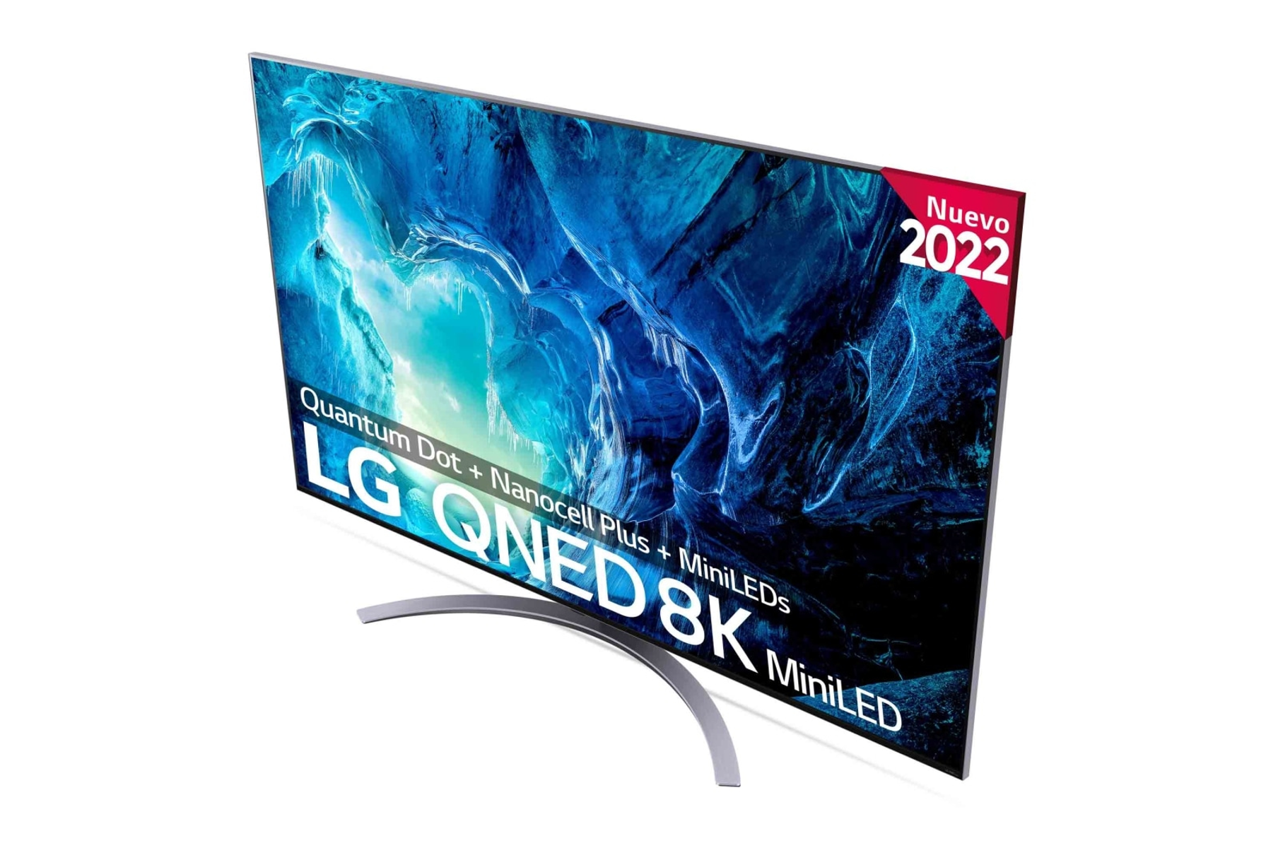 TV LG QNED 8K MiniLED con soporte curvo. Características y distintivo 'Nuevo 2022'.