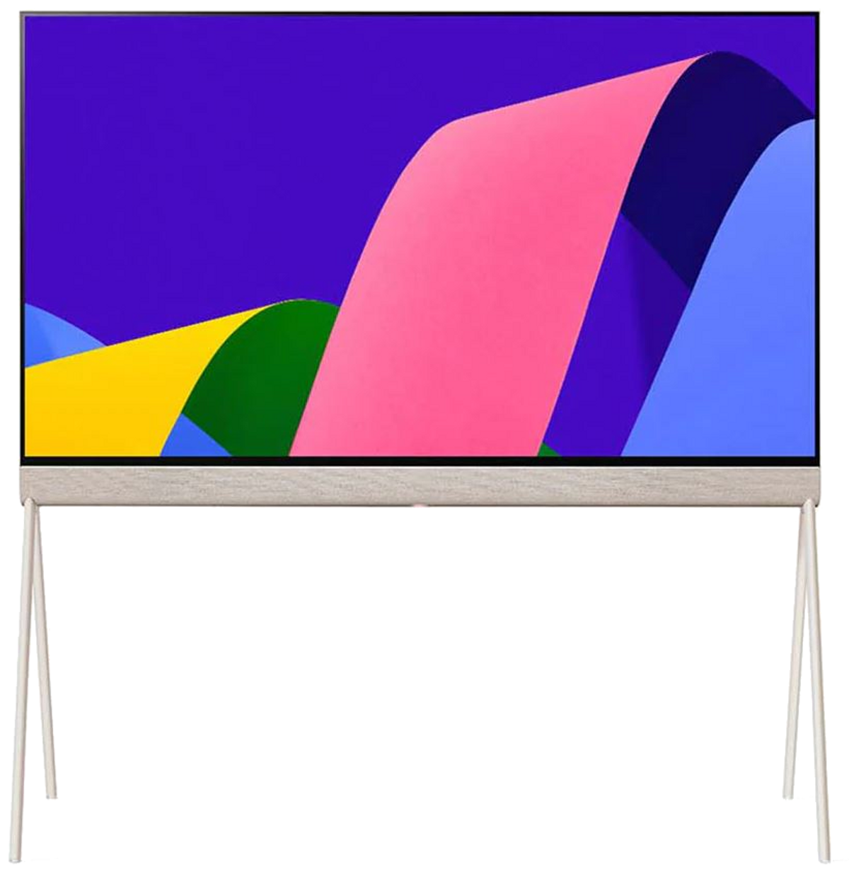 Duży ekran z kolorowym abstrakcyjnym wzorem na stojaku, na czarnym tle.