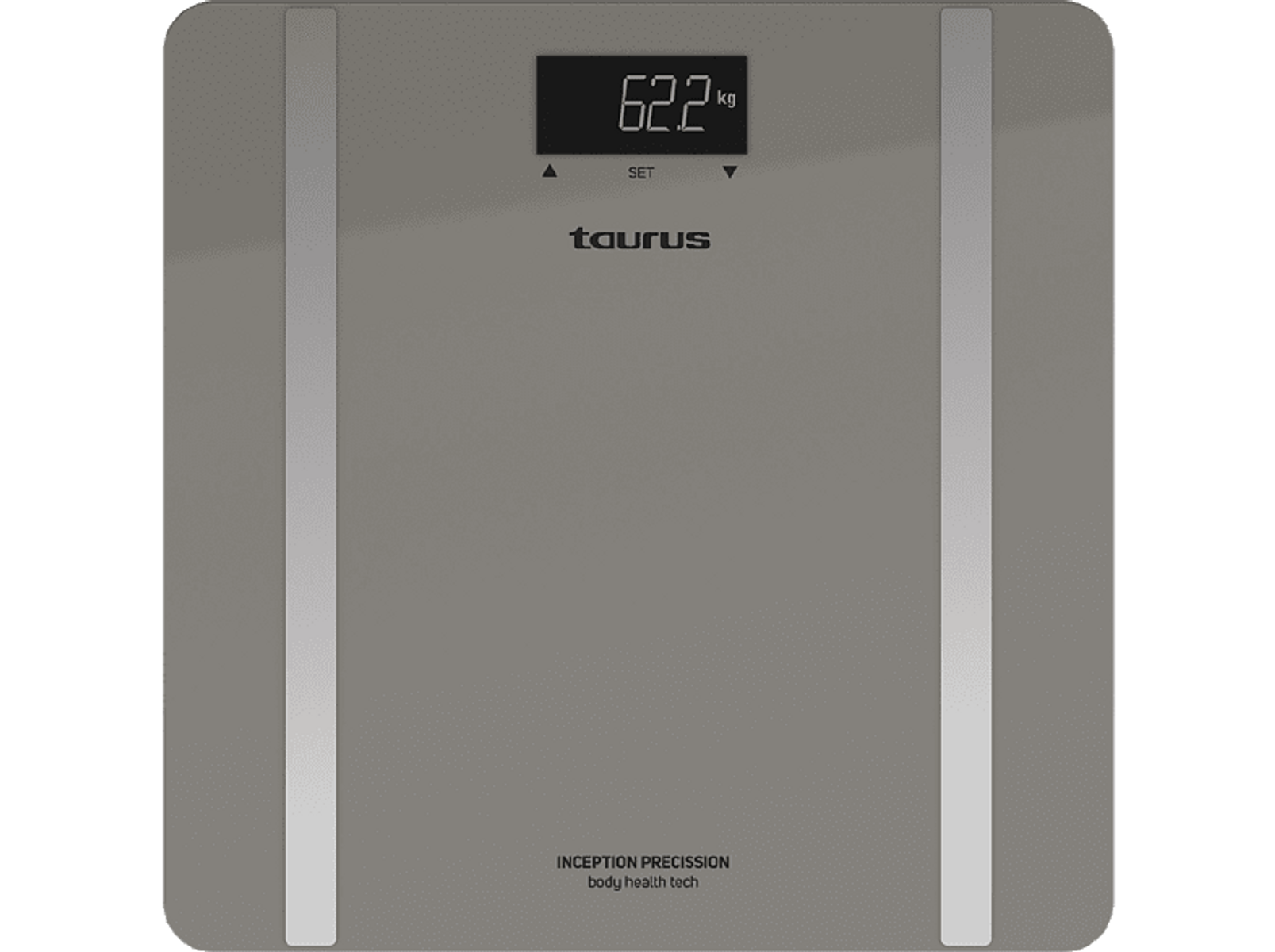 Waga cyfrowa z wyświetlaczem pokazującym 62,2 kg. Czarne tło.