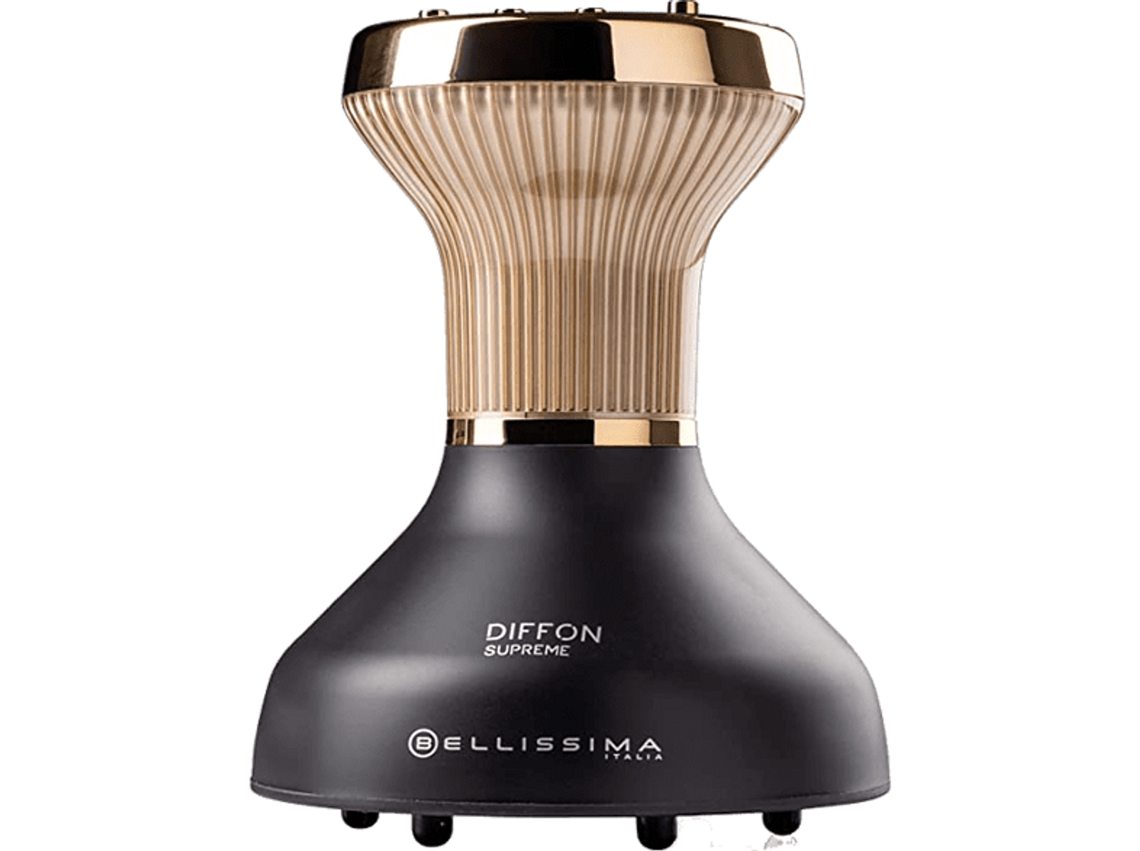 Czarny i złoty dyfuzor do włosów. Czarna podstawa ze złotą górą. Białe tło. Tekst Diffon supreme.