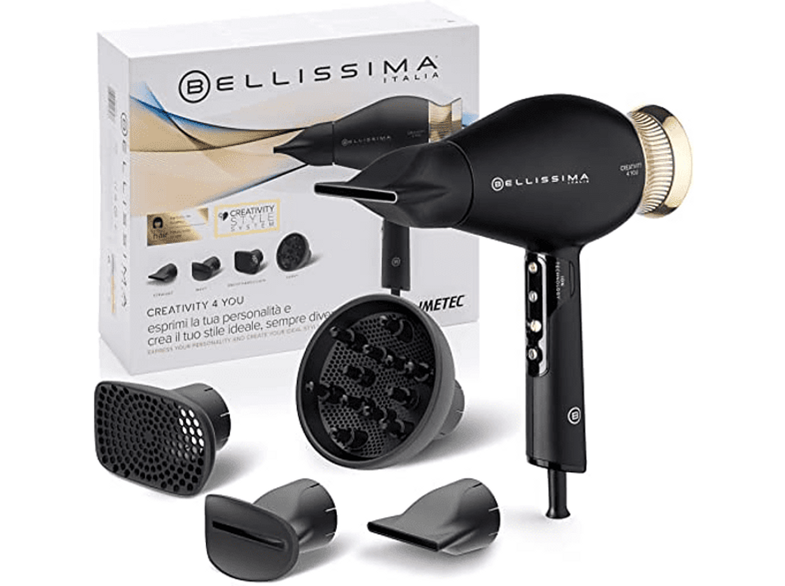 Czarna suszarka do włosów z wieloma nasadkami i pudełkiem. Suszarka do włosów znajduje się na białym tle.