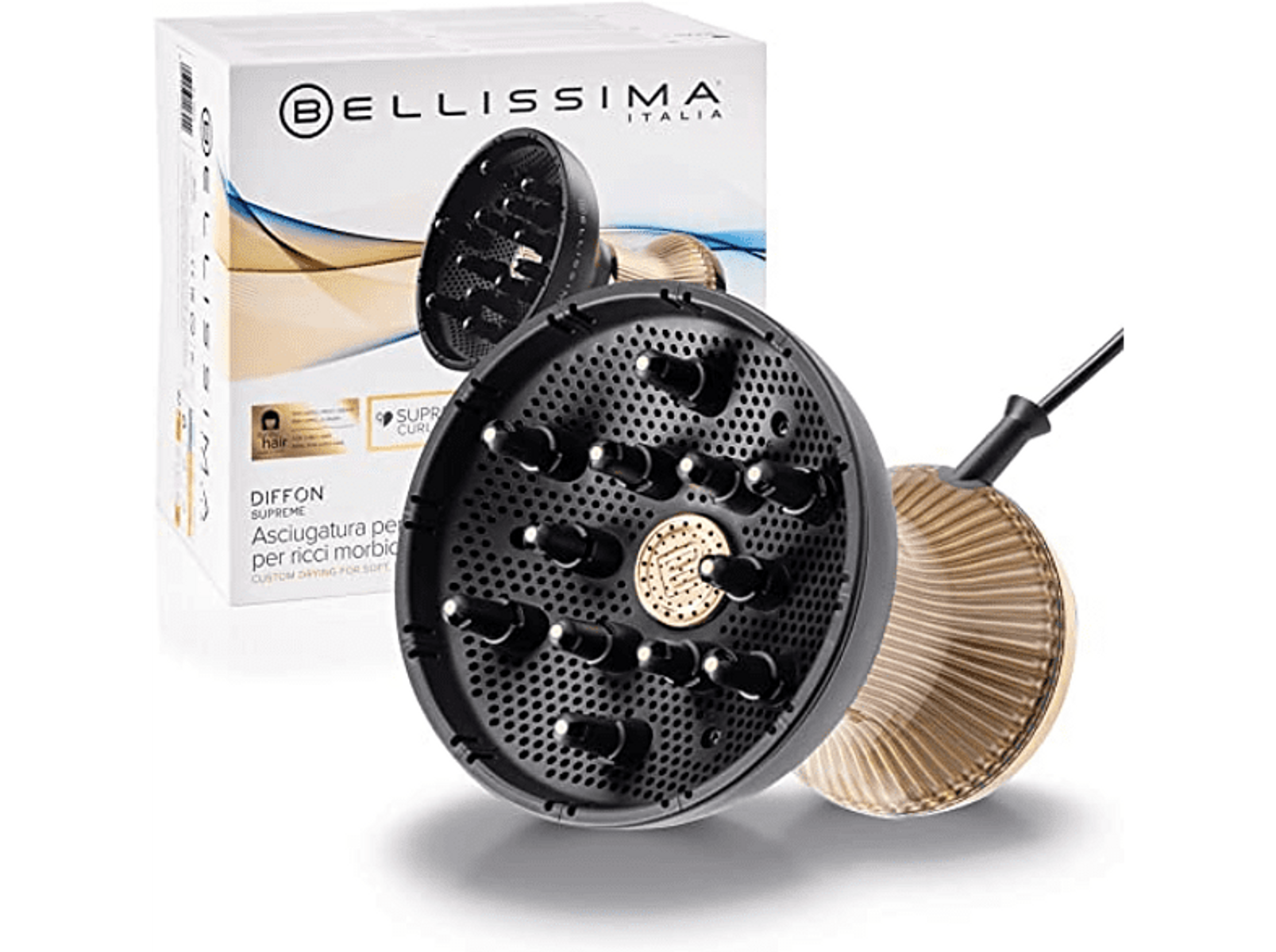 Dyfuzor do suszarki do włosów. Czarny ze złotymi akcentami. Opakowanie produktu widoczne w tle.