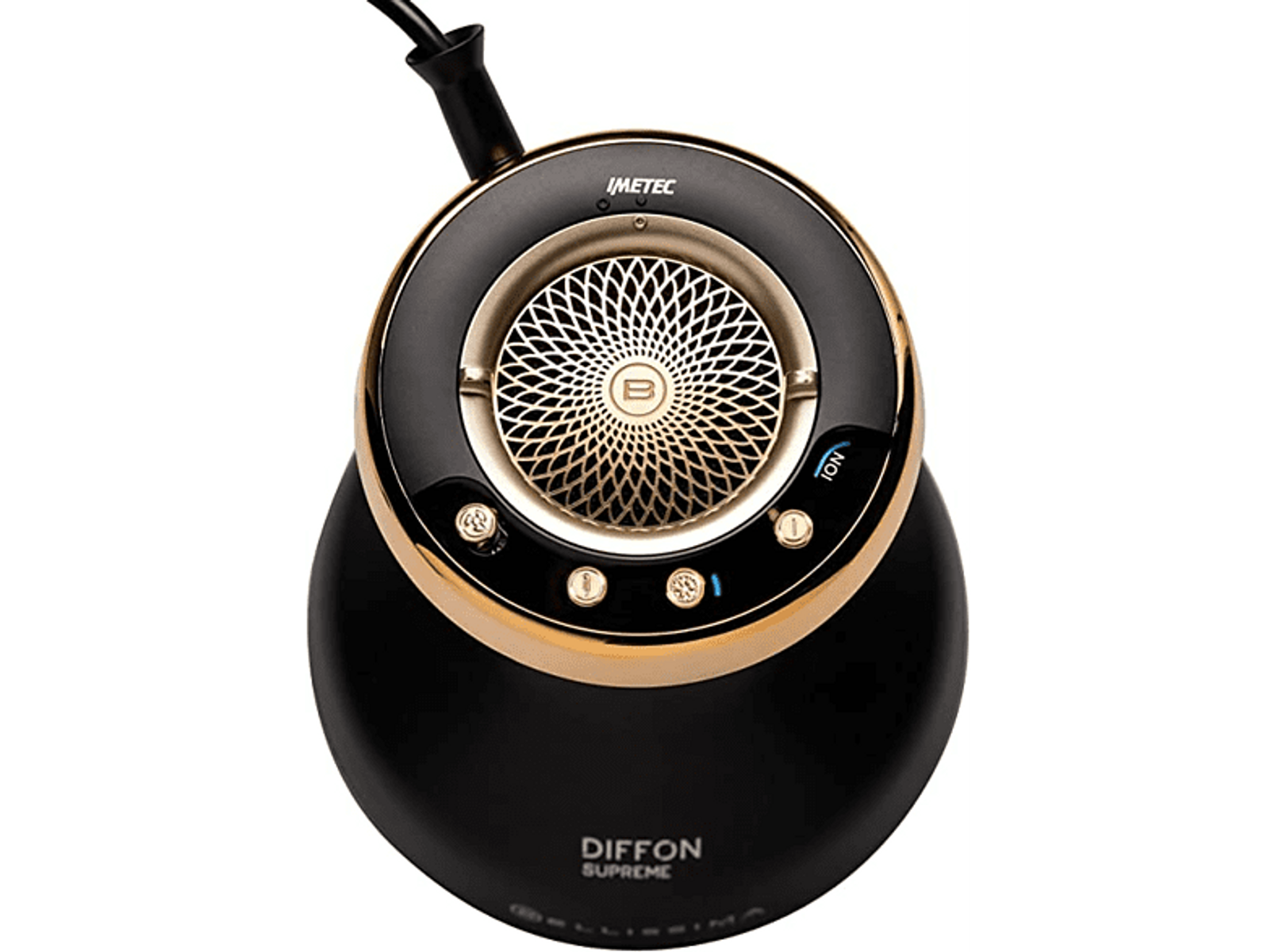 Czarny i złoty dyfuzor z przyciskami i czarnym kablem.