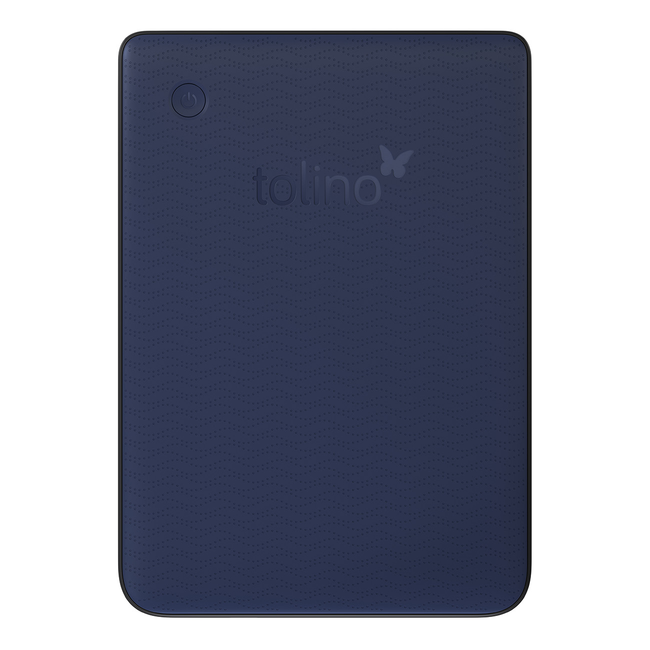 Ein marineblauer E-Reader mit einem Einschaltknopf und einem Logo, auf weißem Hintergrund.
