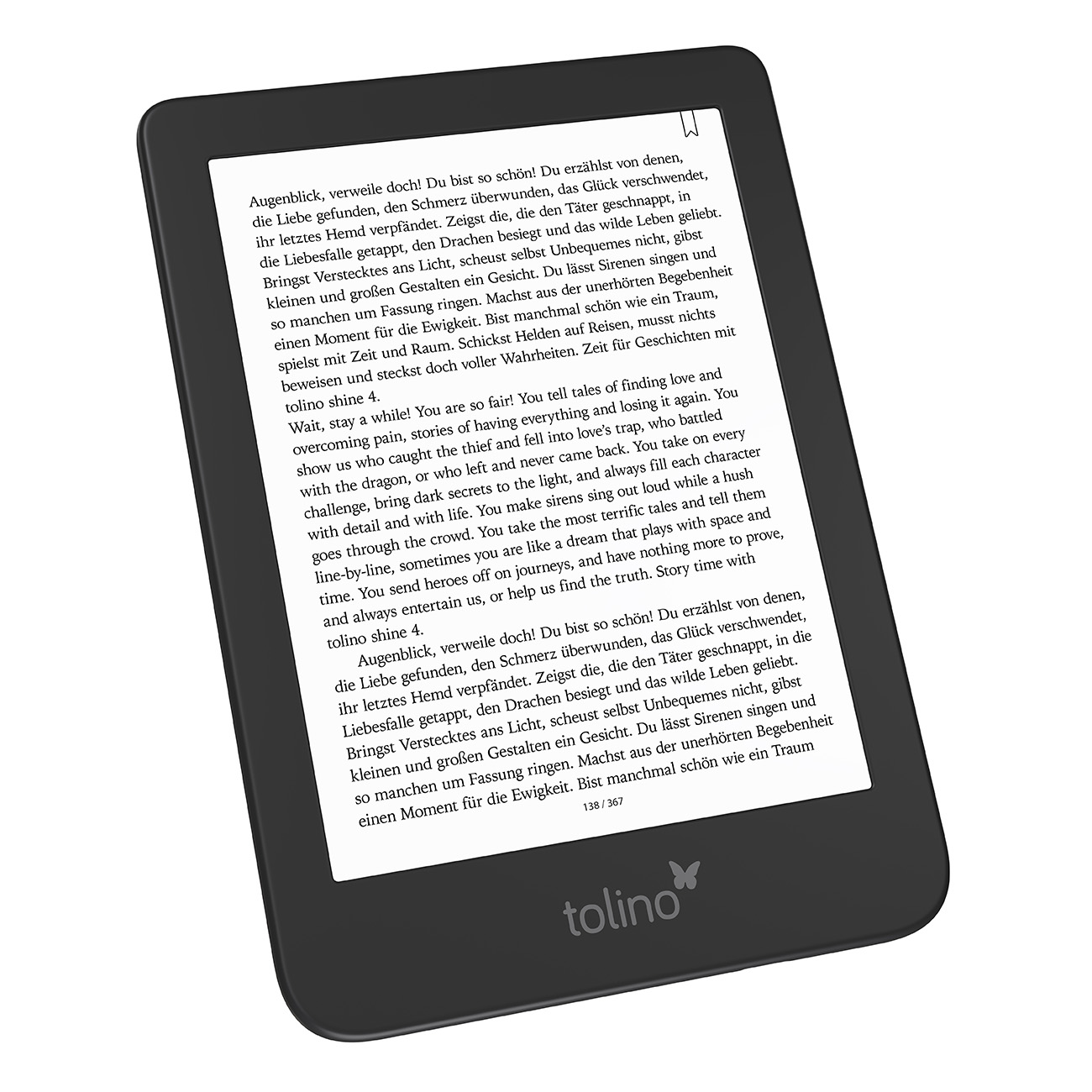Ein E-Reader zeigt Text an. Das Gerät ist schwarz und der Hintergrund ist weiß.