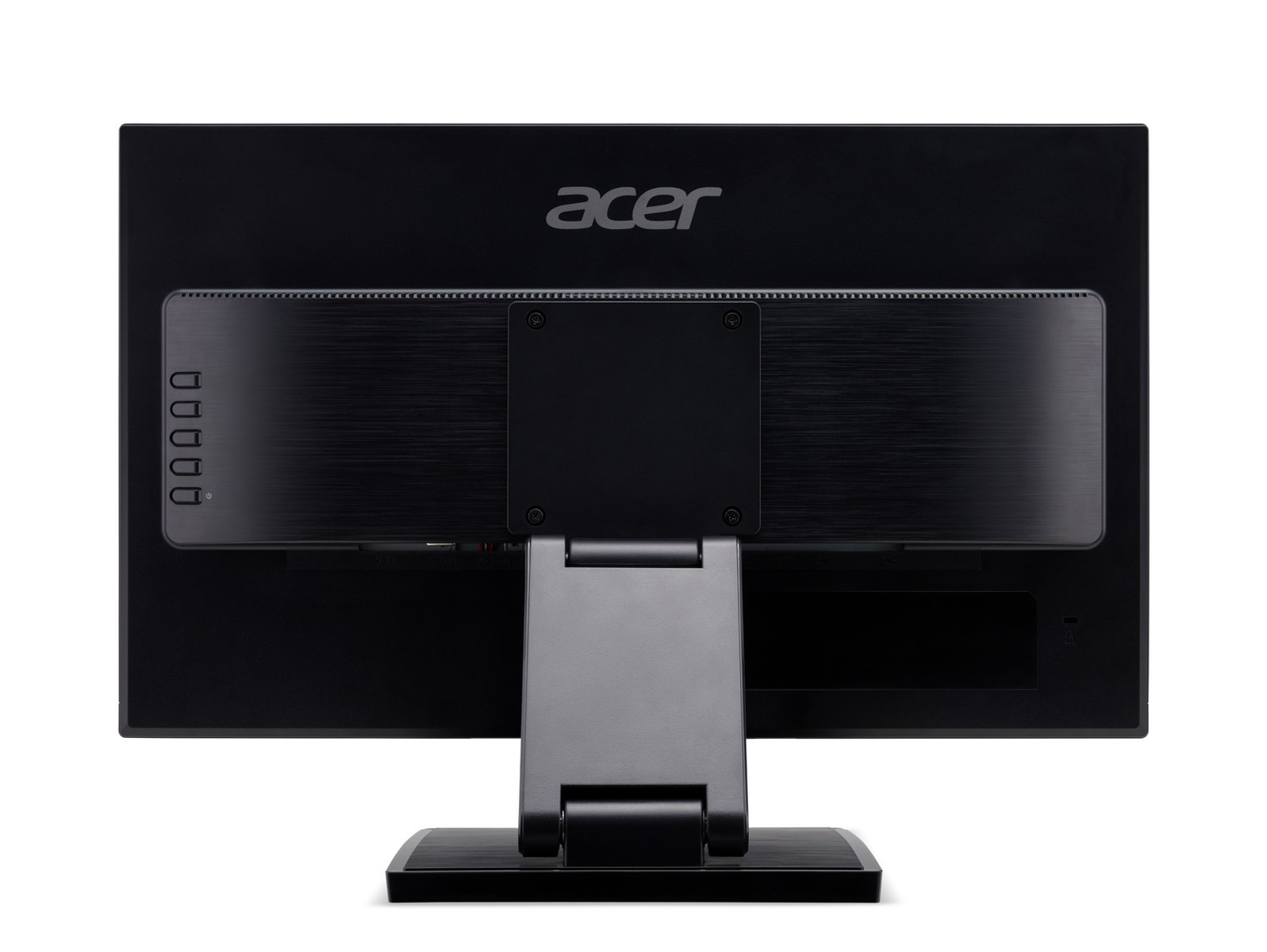 La parte trasera de un monitor de ordenador negro. Tiene un soporte, botones y una parte trasera negra.