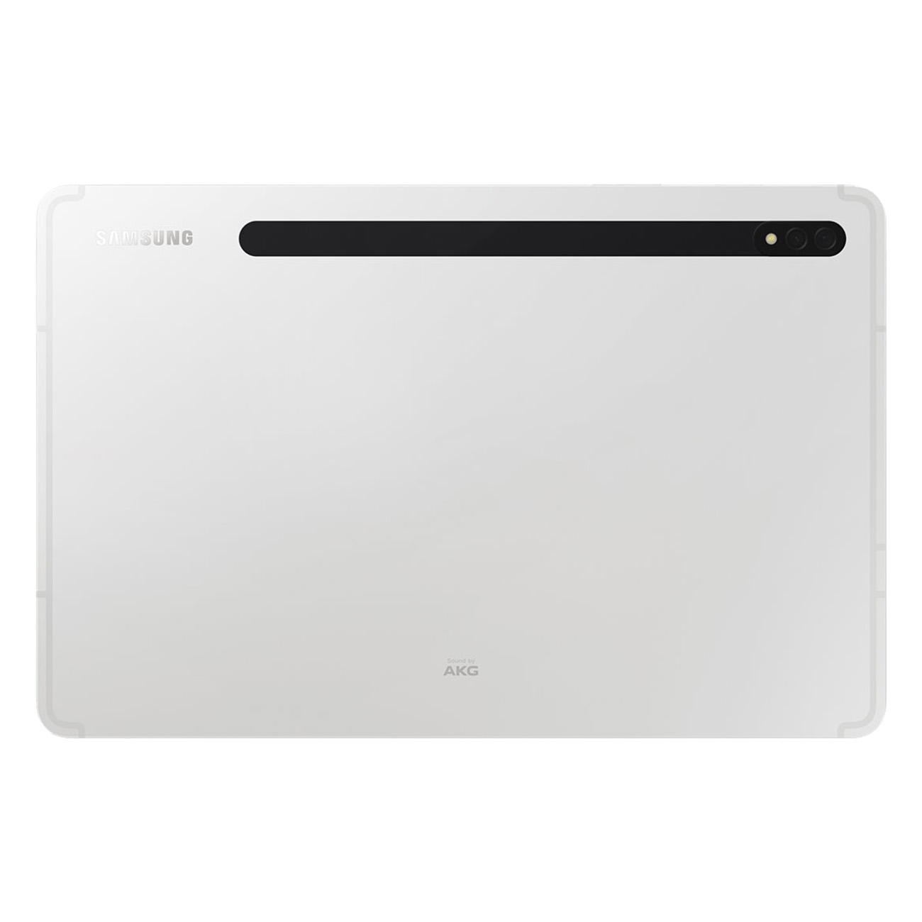 Weißes Tablet mit Kamera und Samsung-Logo. Die Rückseite des Geräts wird gezeigt.
