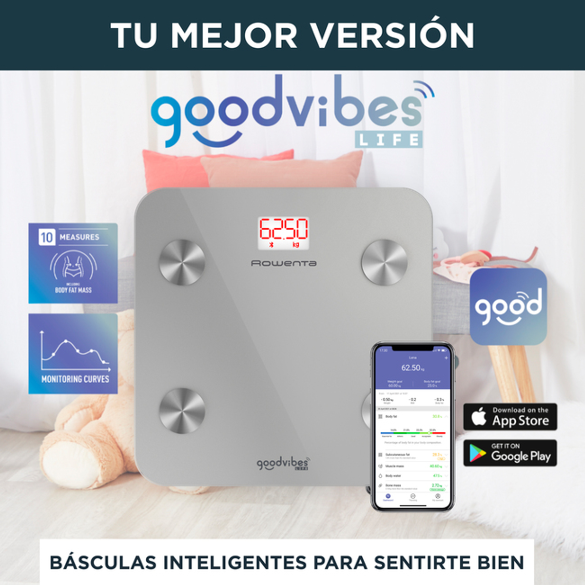 Waga cyfrowa z telefonem, wyświetlona waga i grafika marketingowa z misiem.