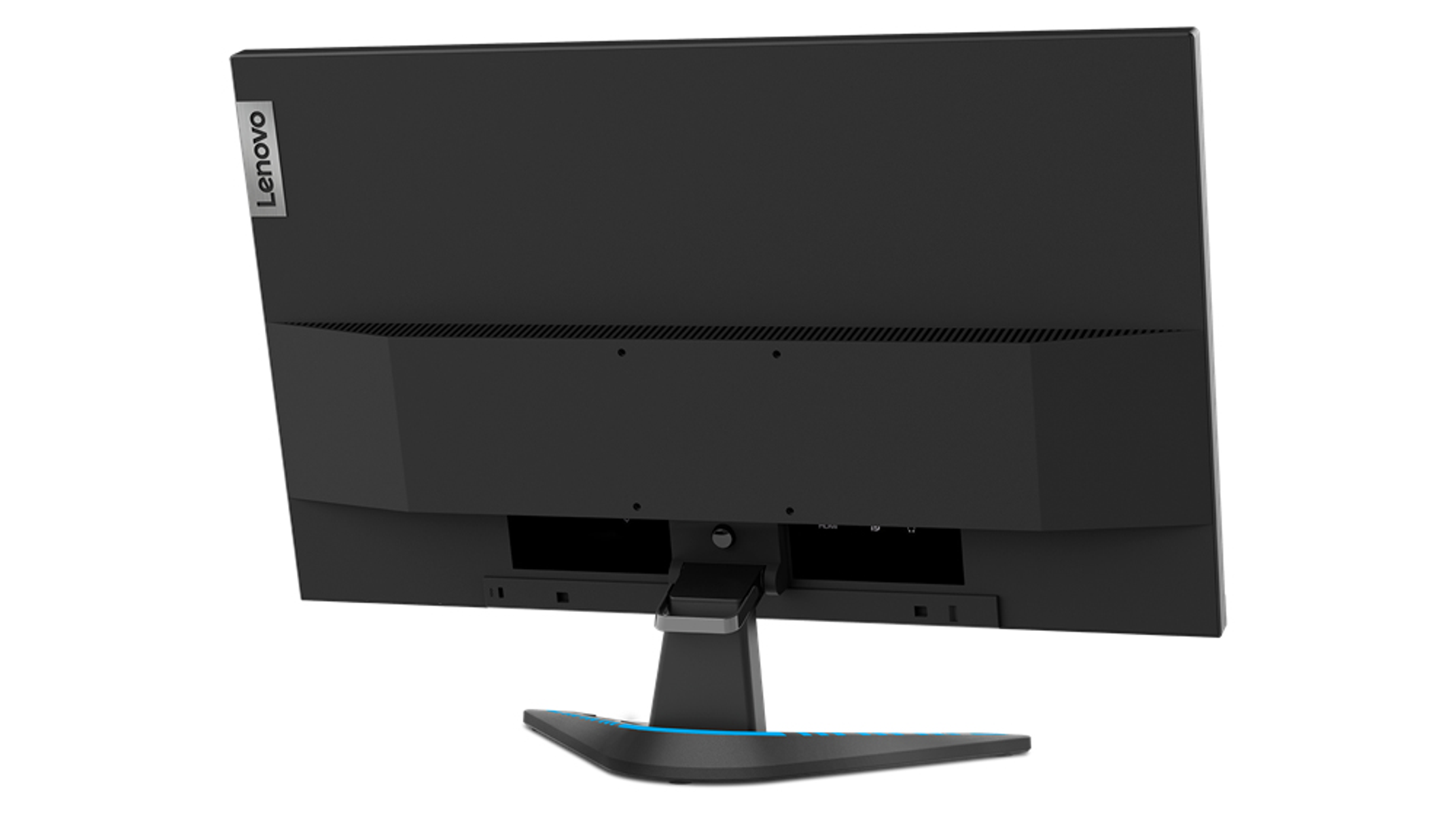 Retro di un monitor Lenovo nero. Porte e supporto visibili. Sfondo bianco.