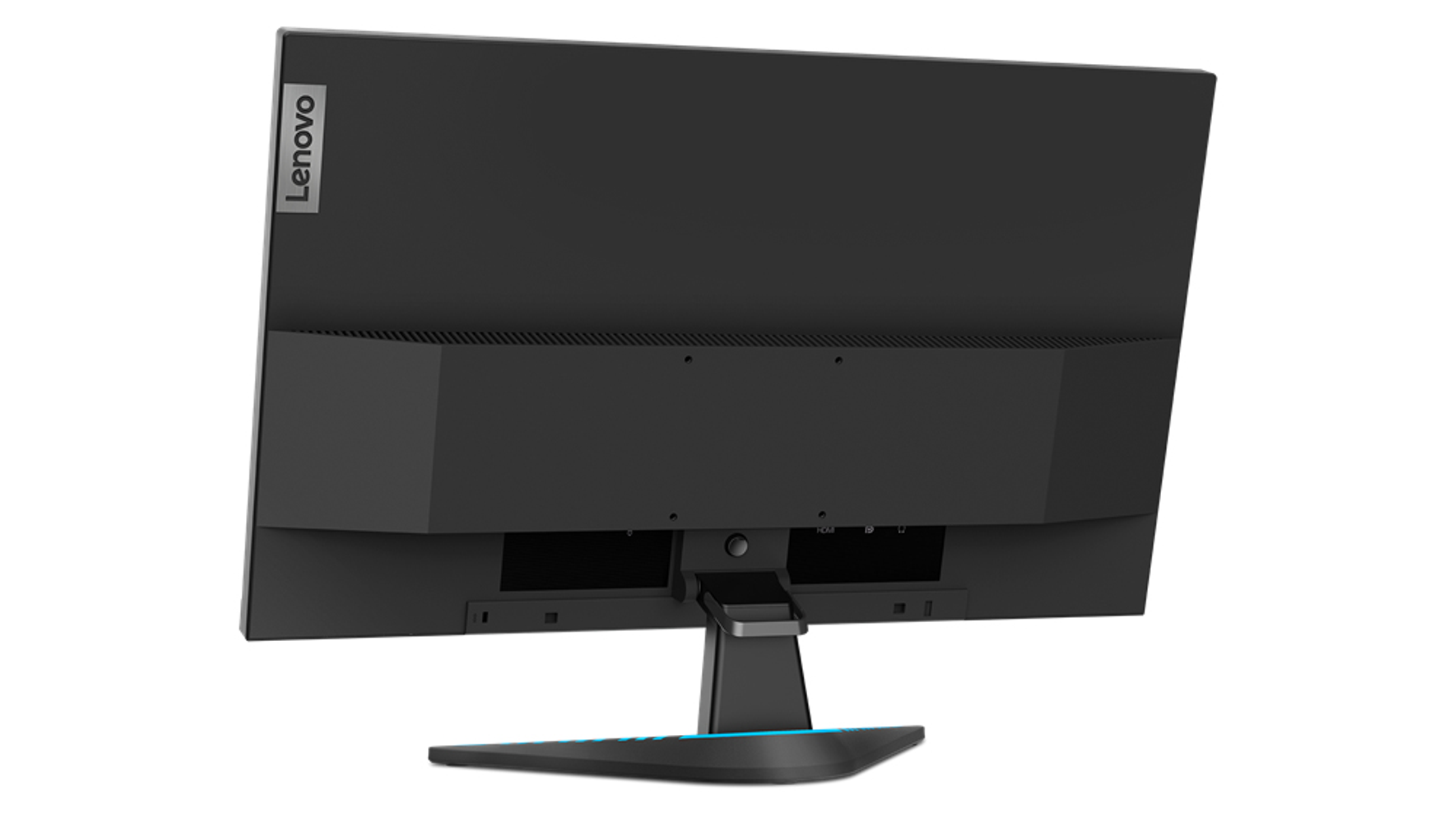 Vista posteriore di un monitor nero con il logo 'Lenovo'.